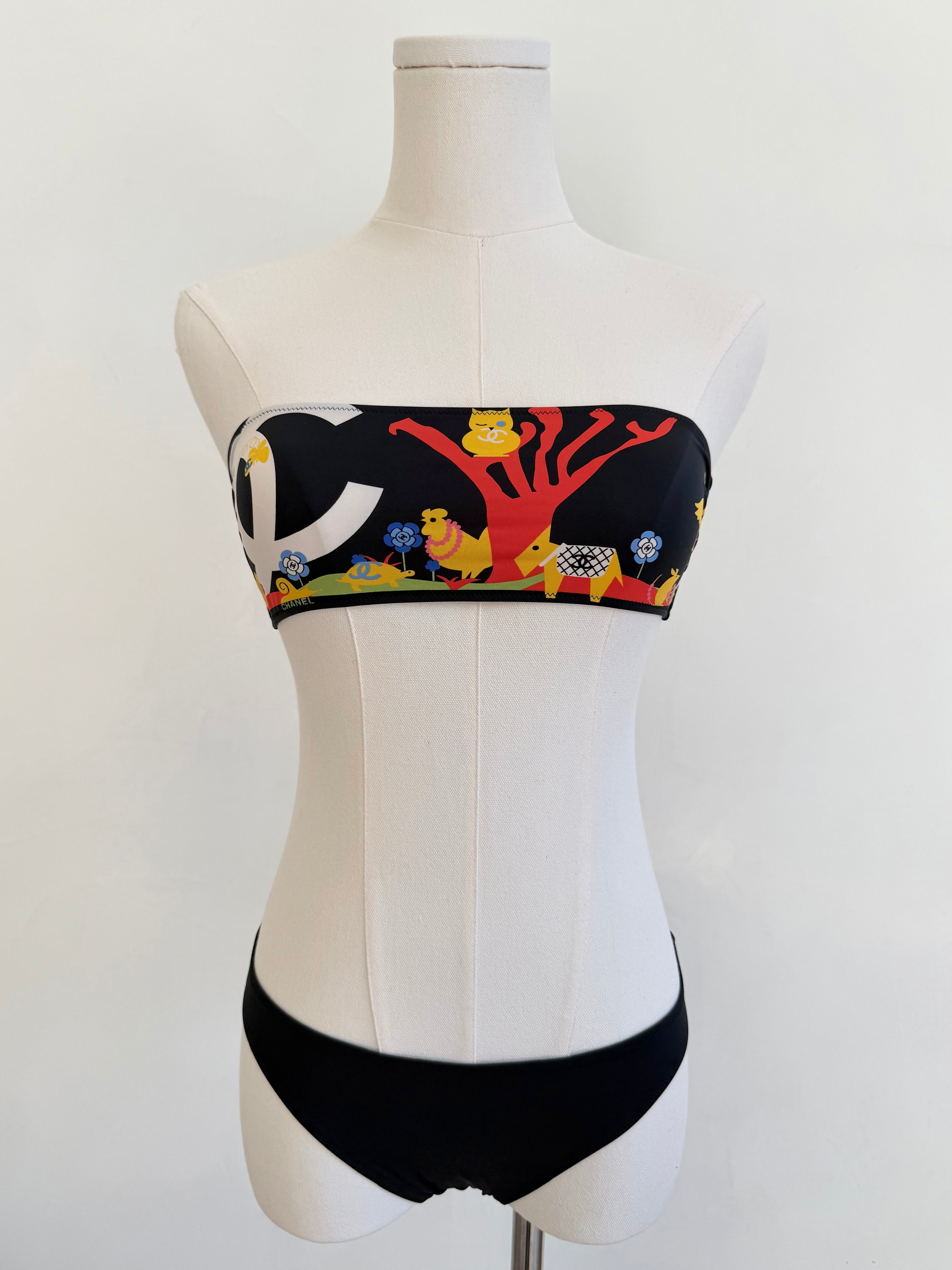 Black Multicolor Graphic Bandeau Bikini