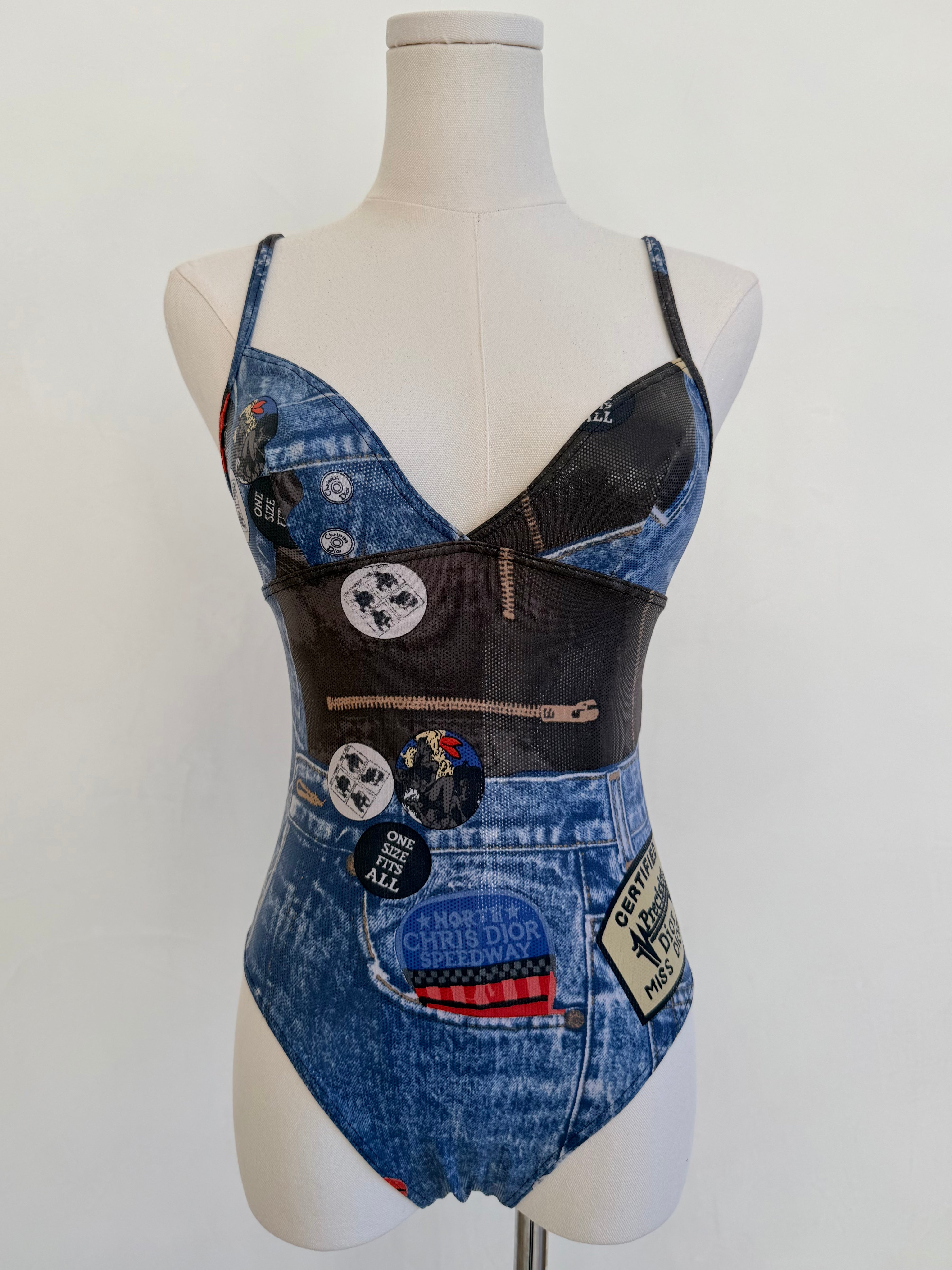 F/W 2001 Blue Denim-Effect Graphic One-Piece Swimsuit