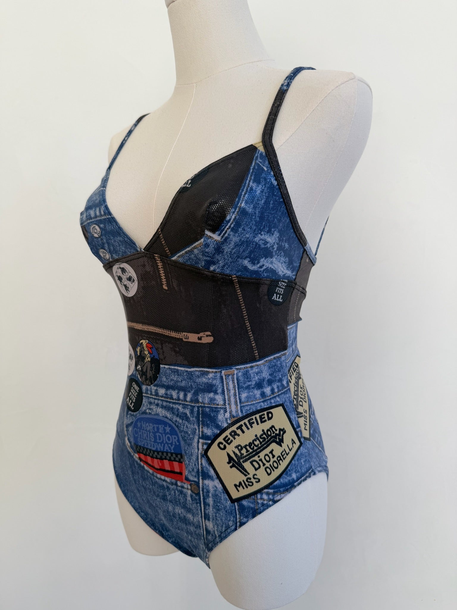 F/W 2001 Blue Denim-Effect Graphic One-Piece Swimsuit