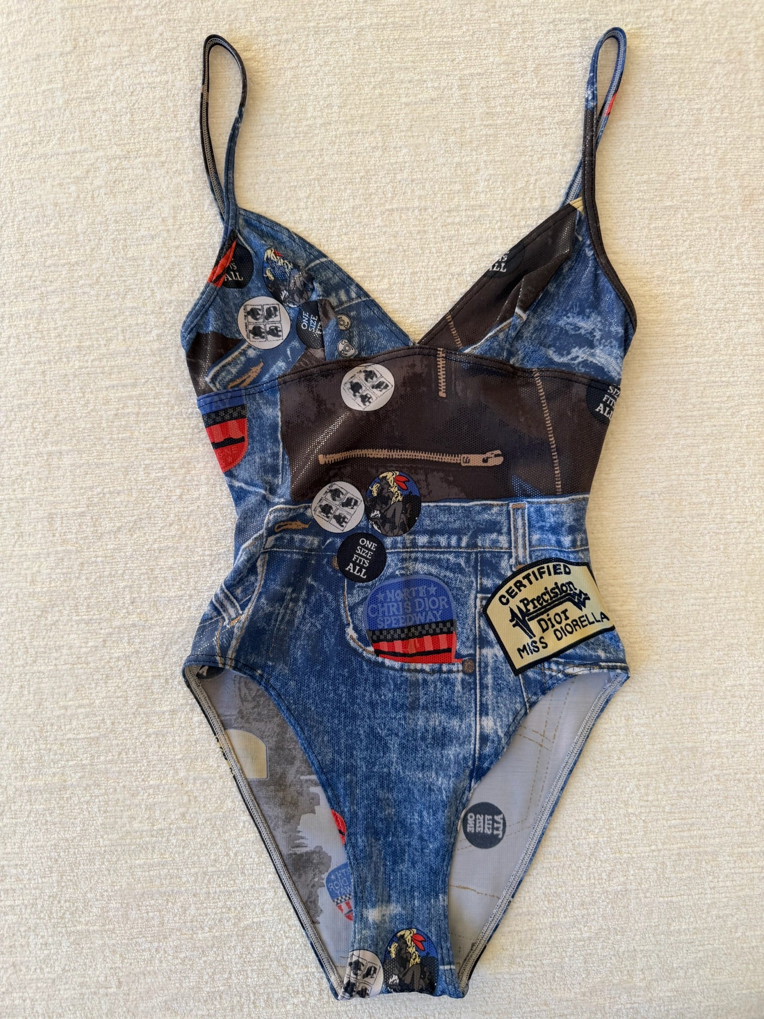 F/W 2001 Blue Denim-Effect Graphic One-Piece Swimsuit