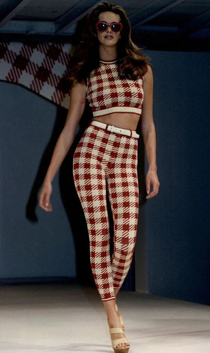 S/S 1992 Red & Ivory Graphic Houndstooth Knit Bodysuit