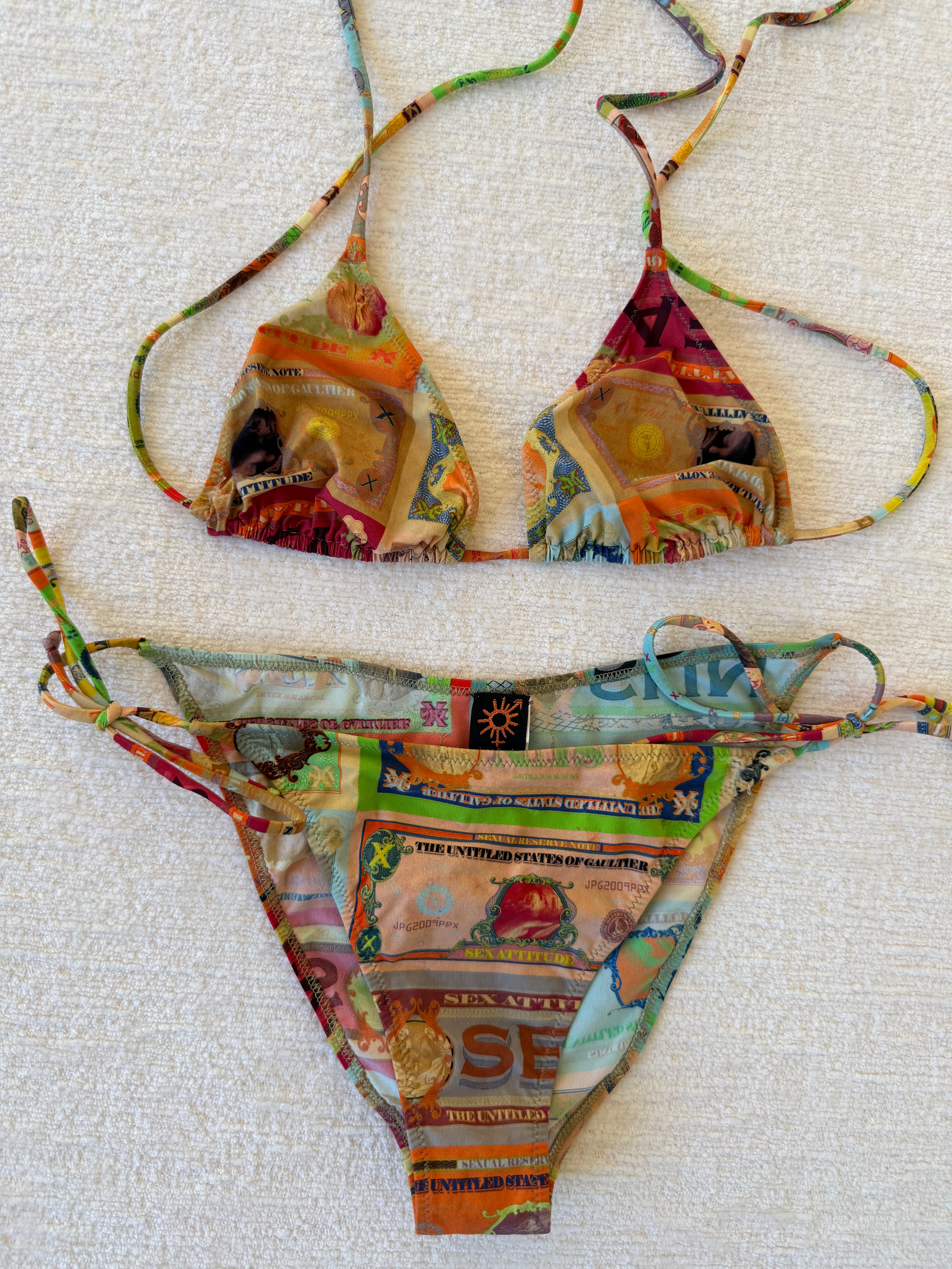 Multicolor “United States of Gaultier” Banknote-Print Triangle Bikini