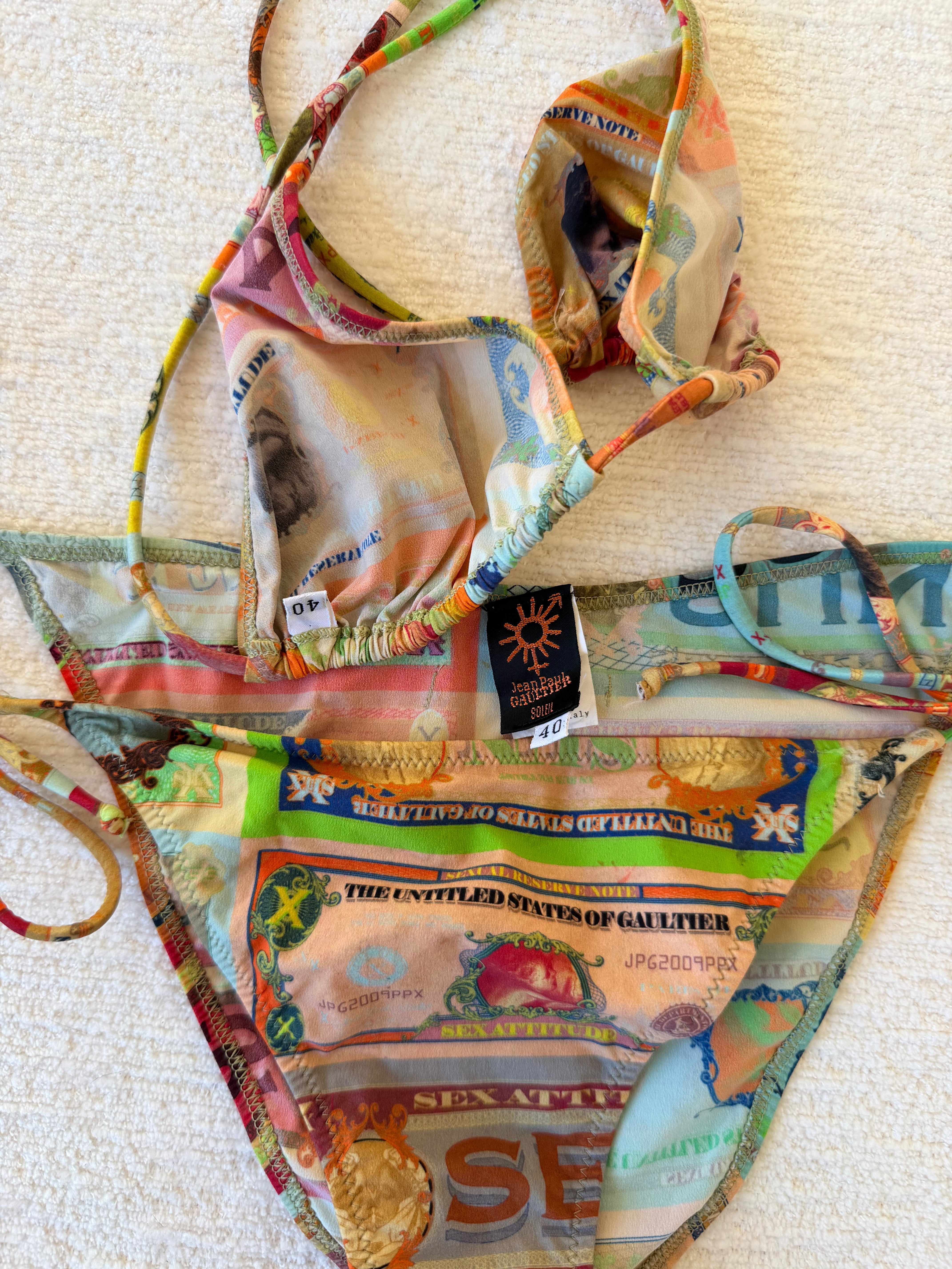 Multicolor “United States of Gaultier” Banknote-Print Triangle Bikini
