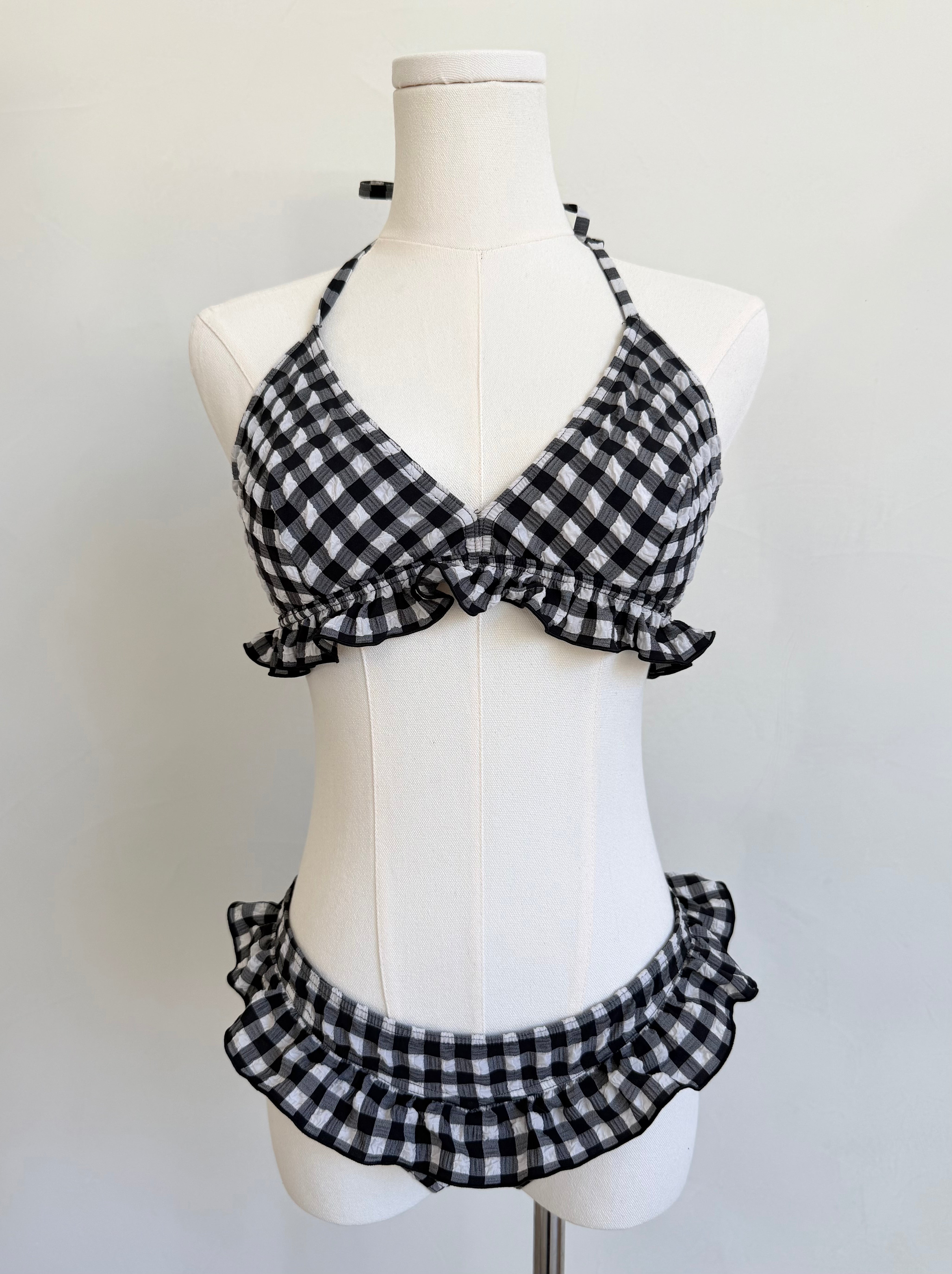 Black & White Gingham Ruffled Halter Bikini