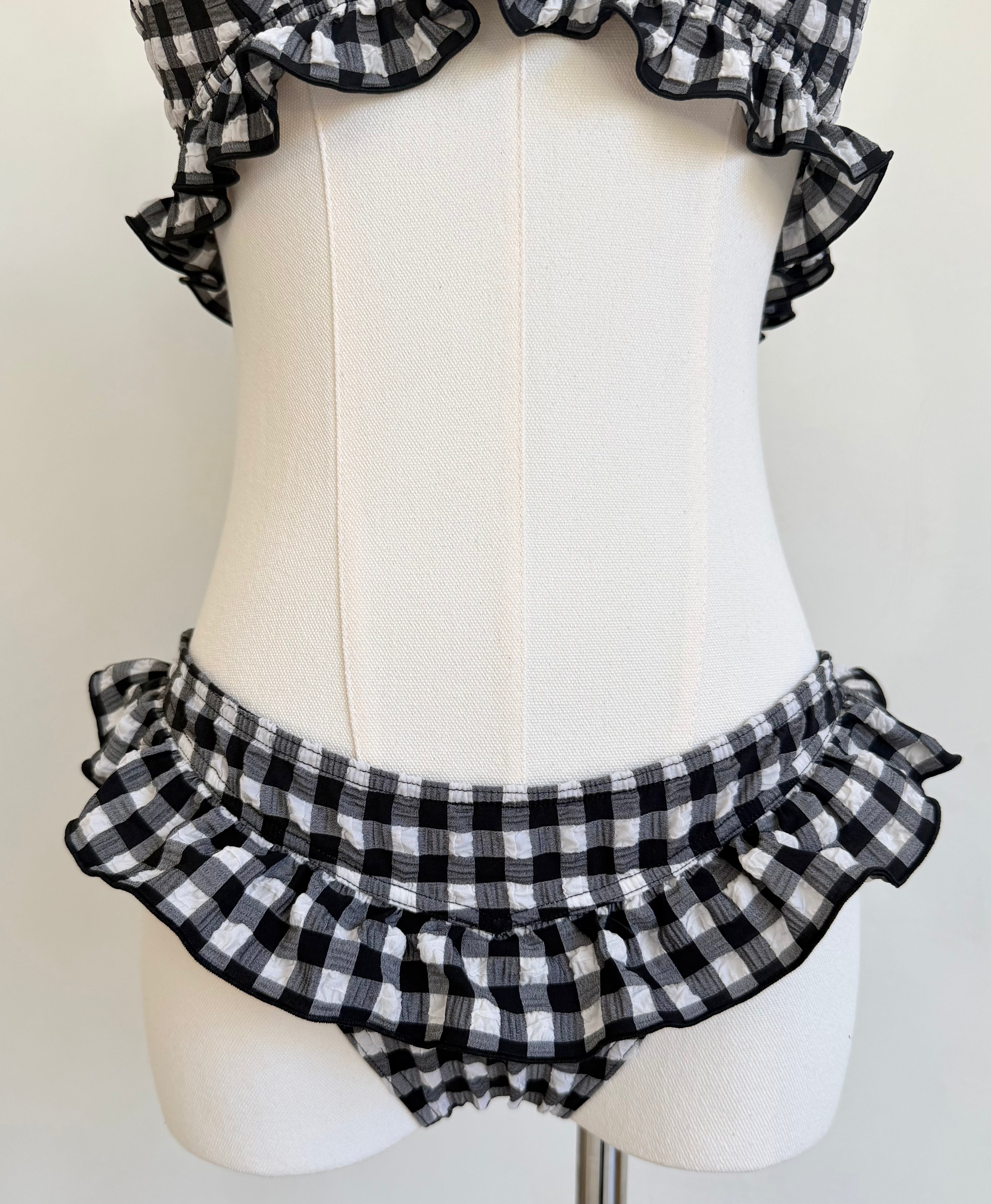 Black & White Gingham Ruffled Halter Bikini
