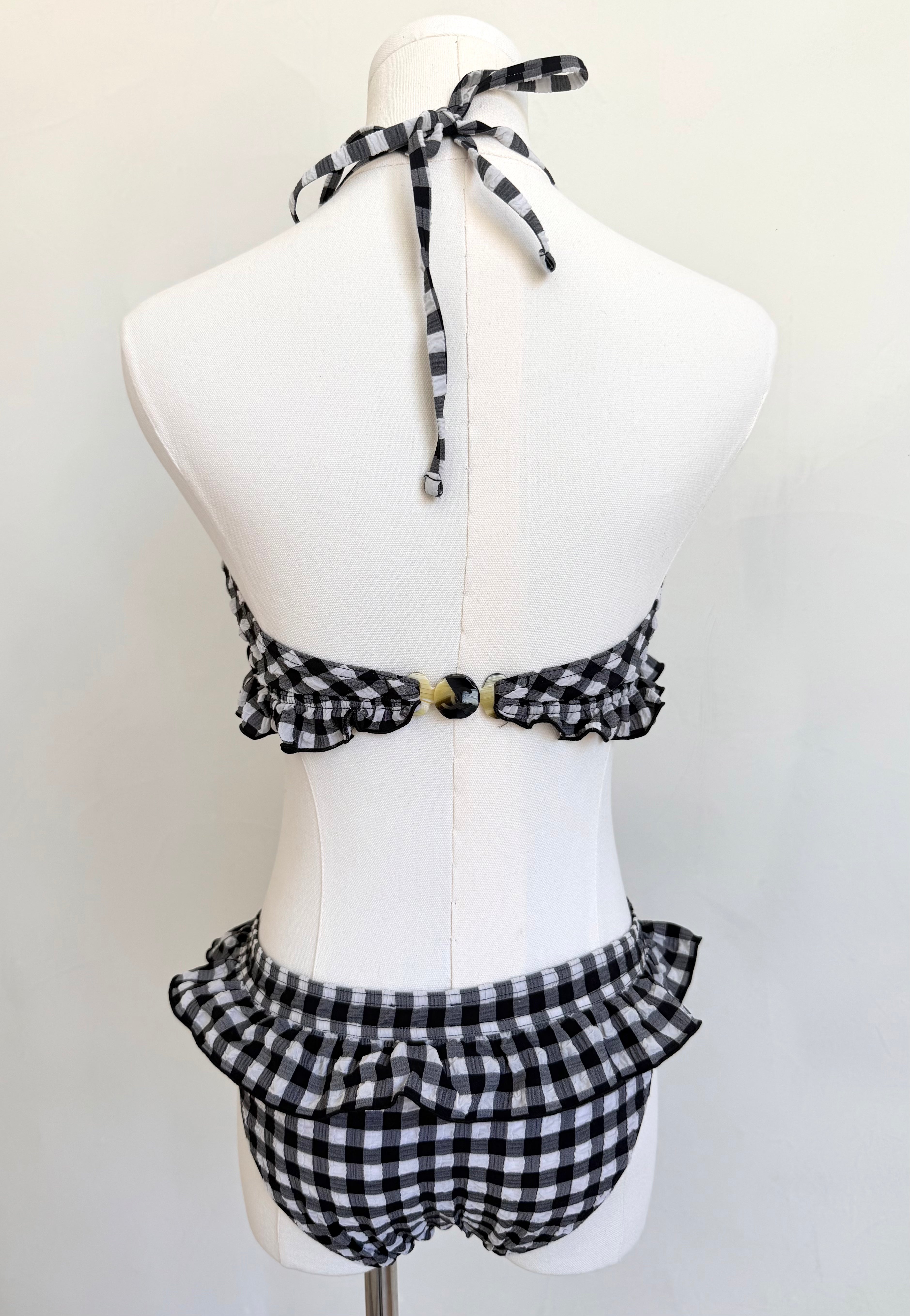 Black & White Gingham Ruffled Halter Bikini