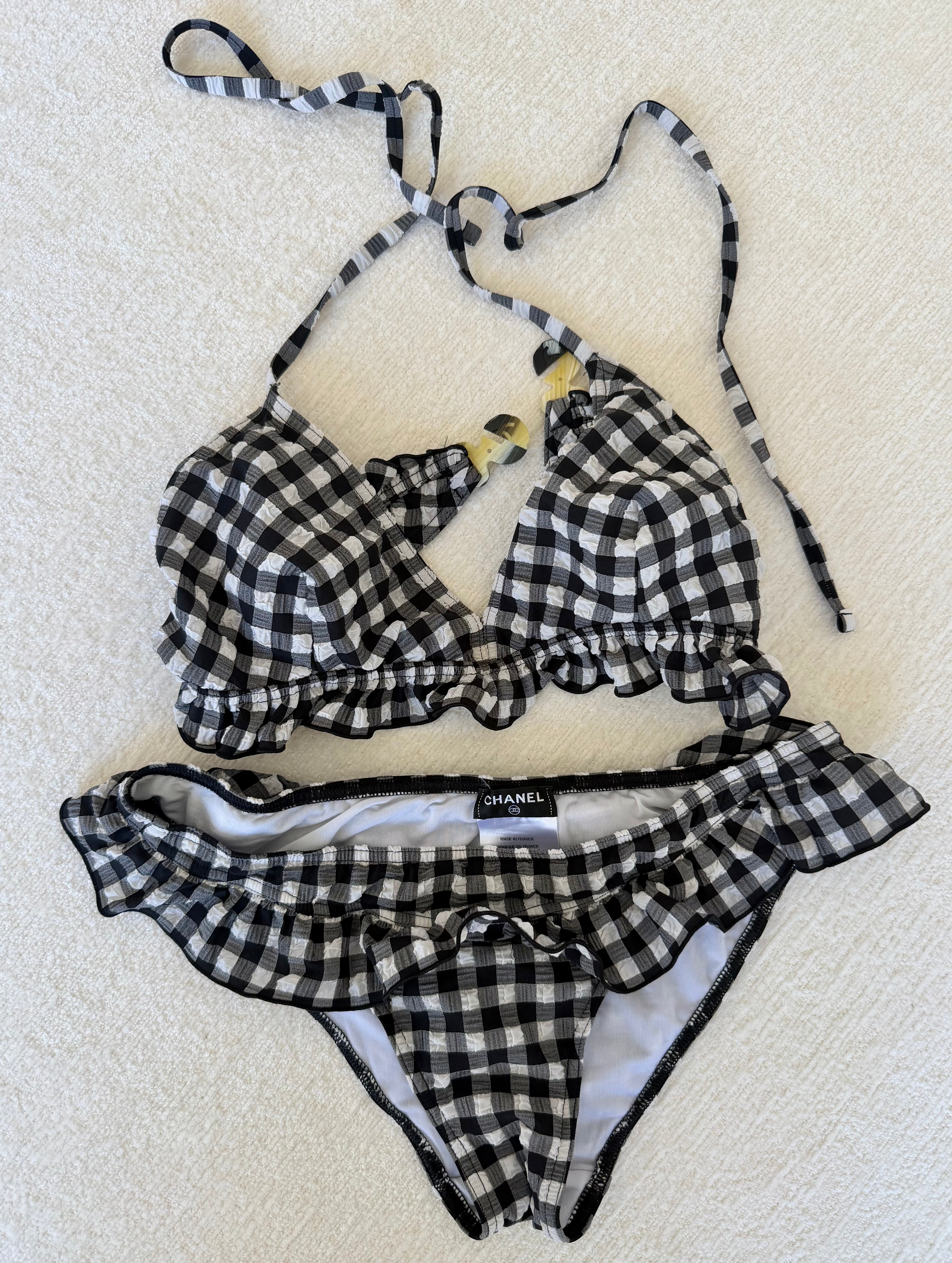 Black & White Gingham Ruffled Halter Bikini