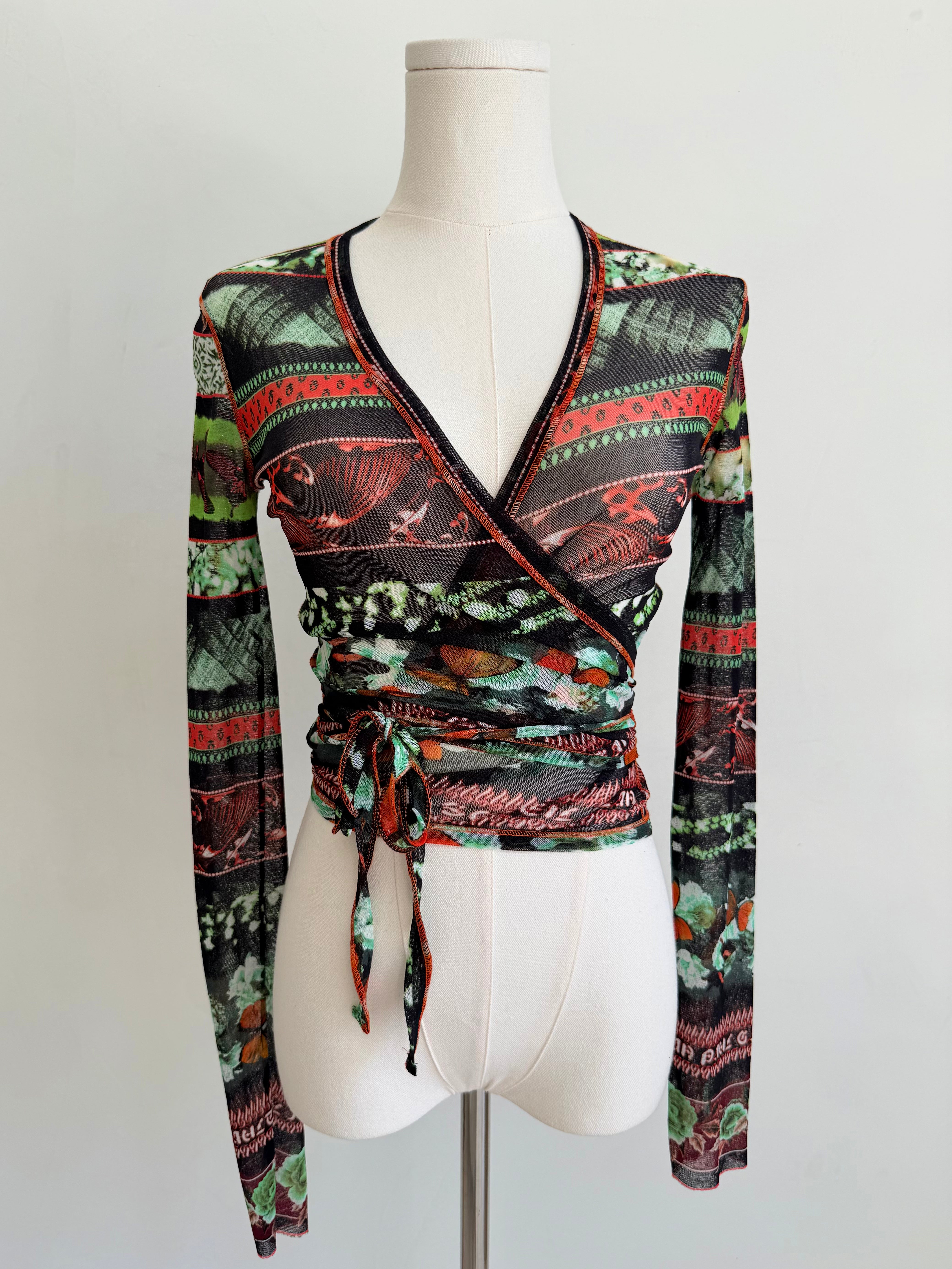 Multicolor Butterfly & Stripe Mesh Wrap Top