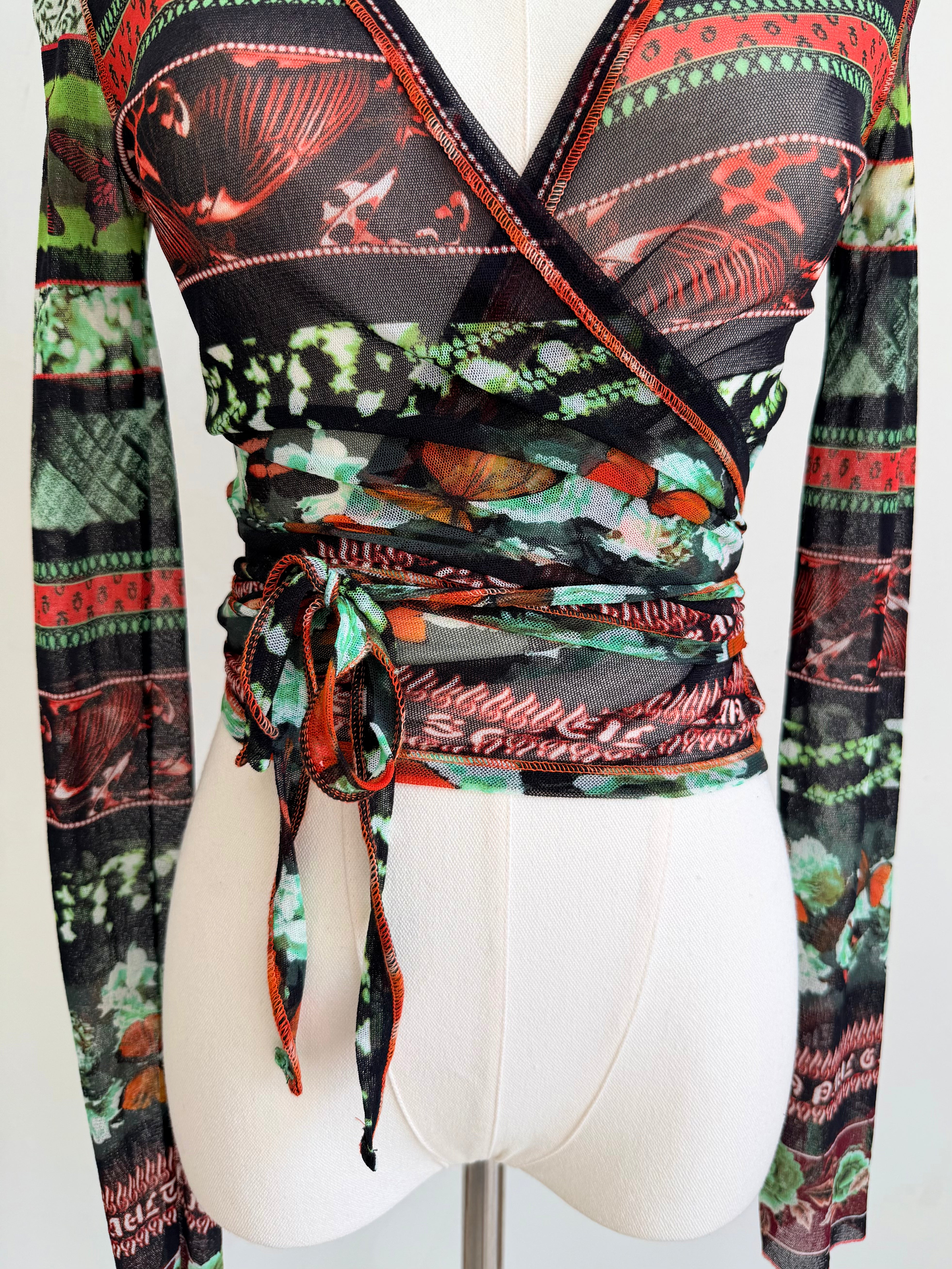 Multicolor Butterfly & Stripe Mesh Wrap Top