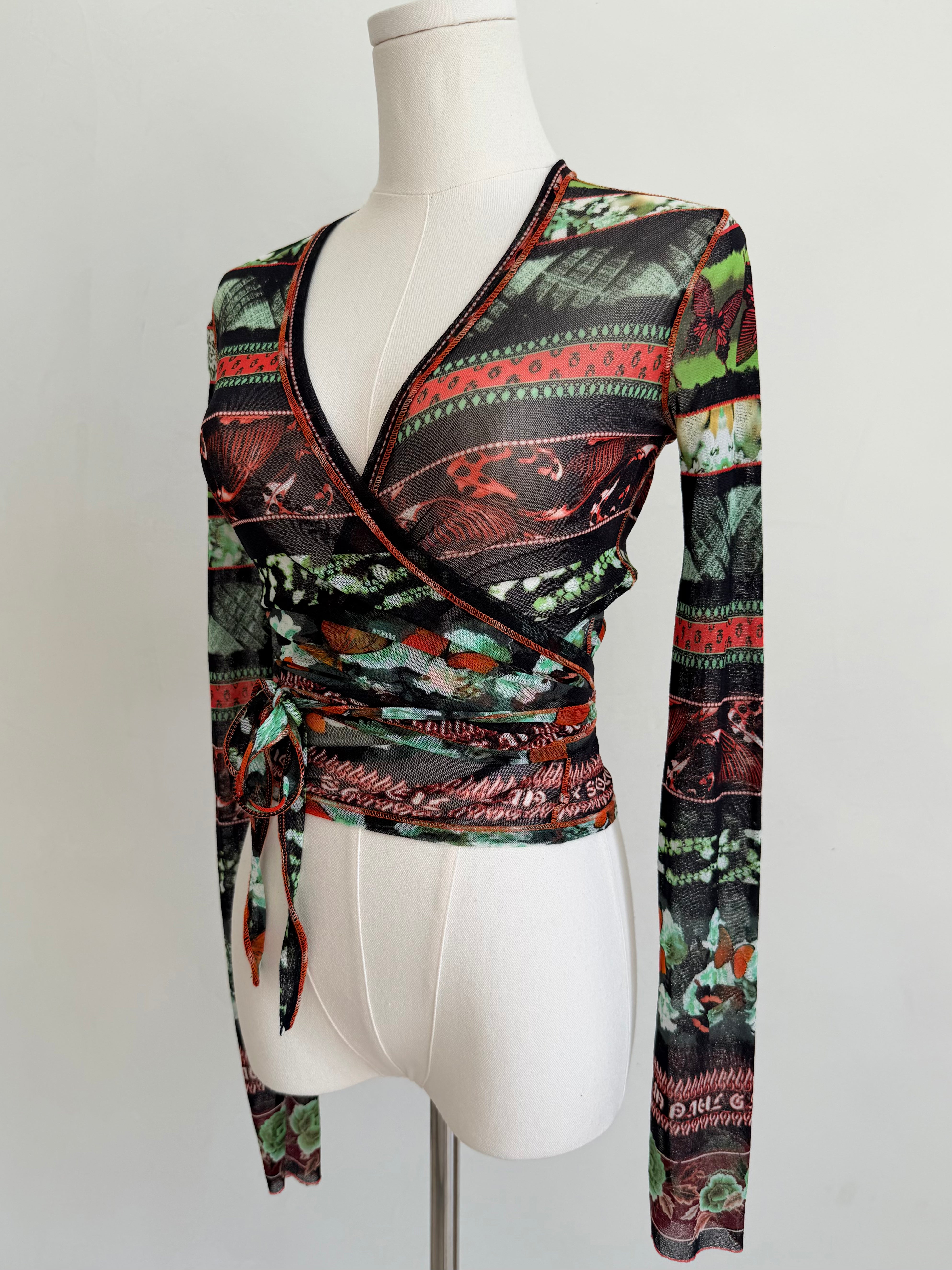Multicolor Butterfly & Stripe Mesh Wrap Top