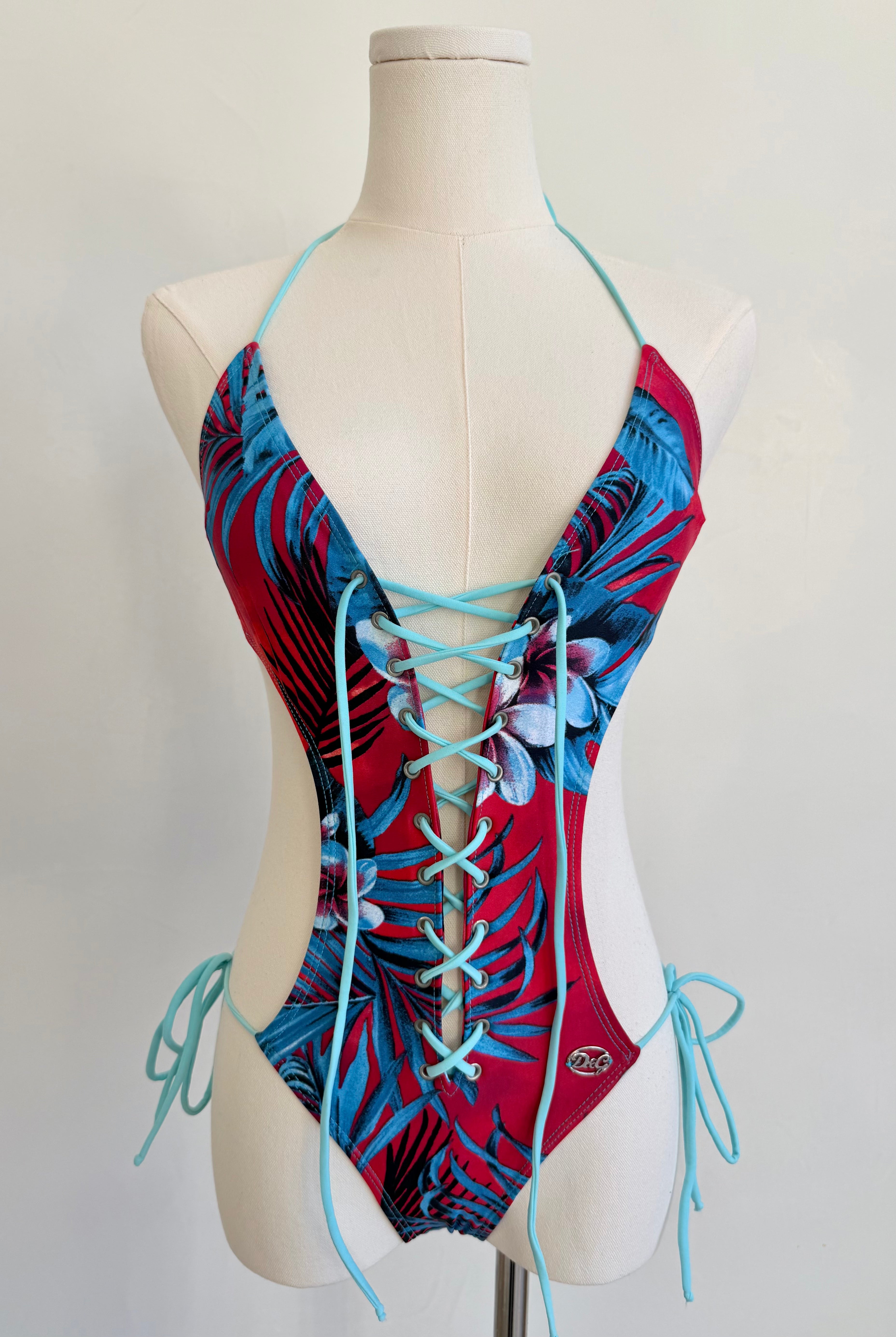 S/S 2003 Red & Blue Hawaiian Floral Corset Lace-Up One-Piece