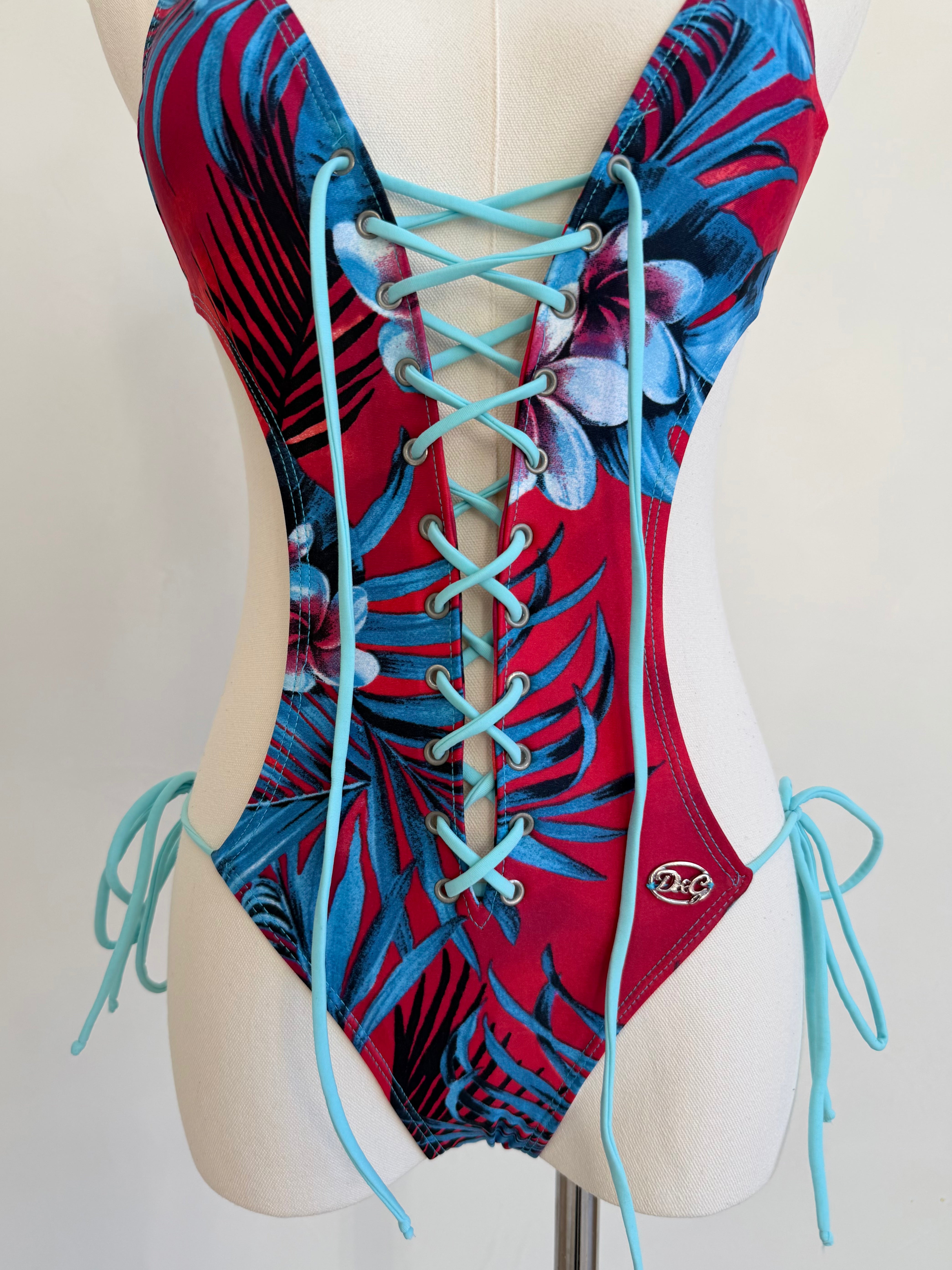 S/S 2003 Red & Blue Hawaiian Floral Corset Lace-Up One-Piece