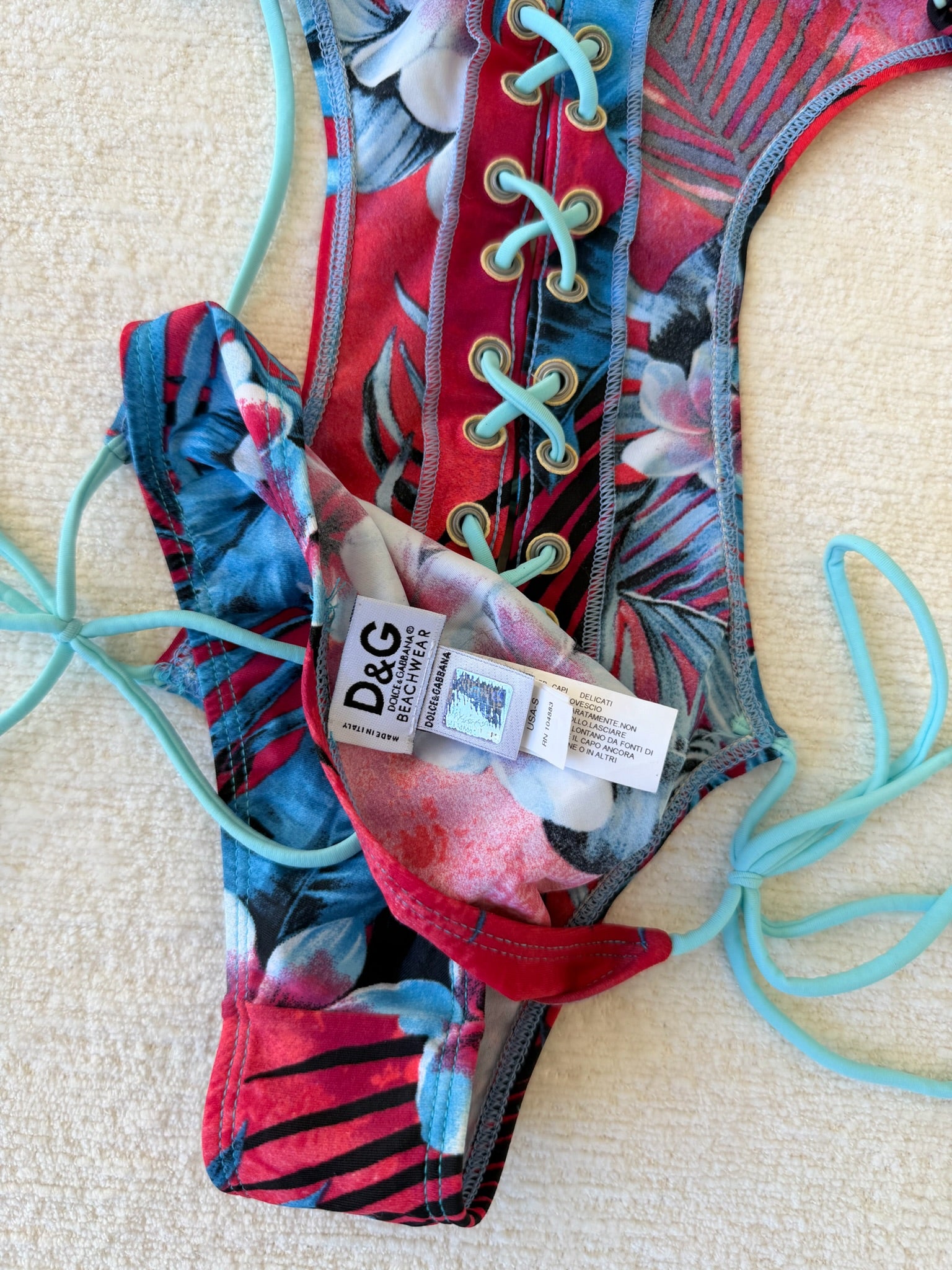 S/S 2003 Red & Blue Hawaiian Floral Corset Lace-Up One-Piece