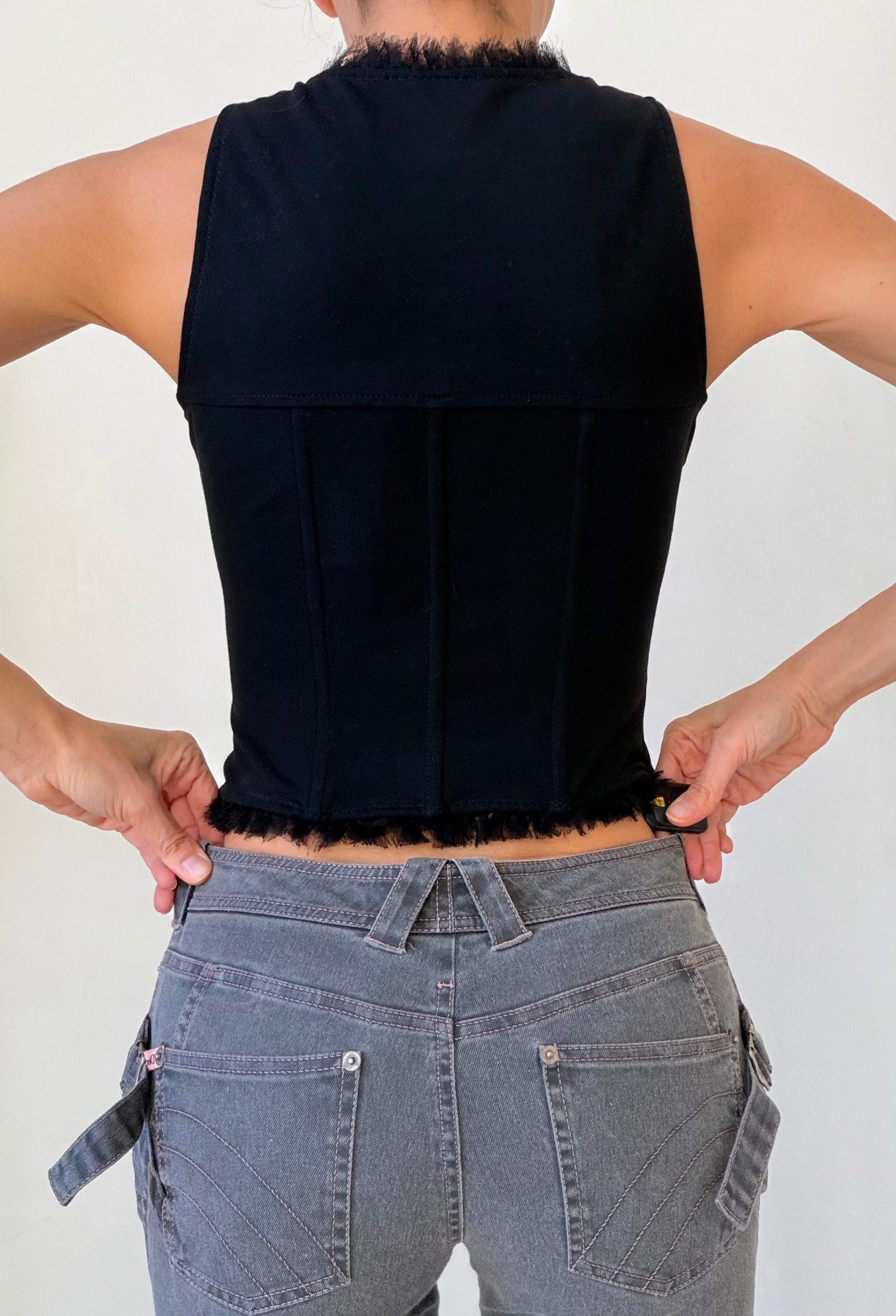 Lace-Up Corset Tank with Frayed Trim