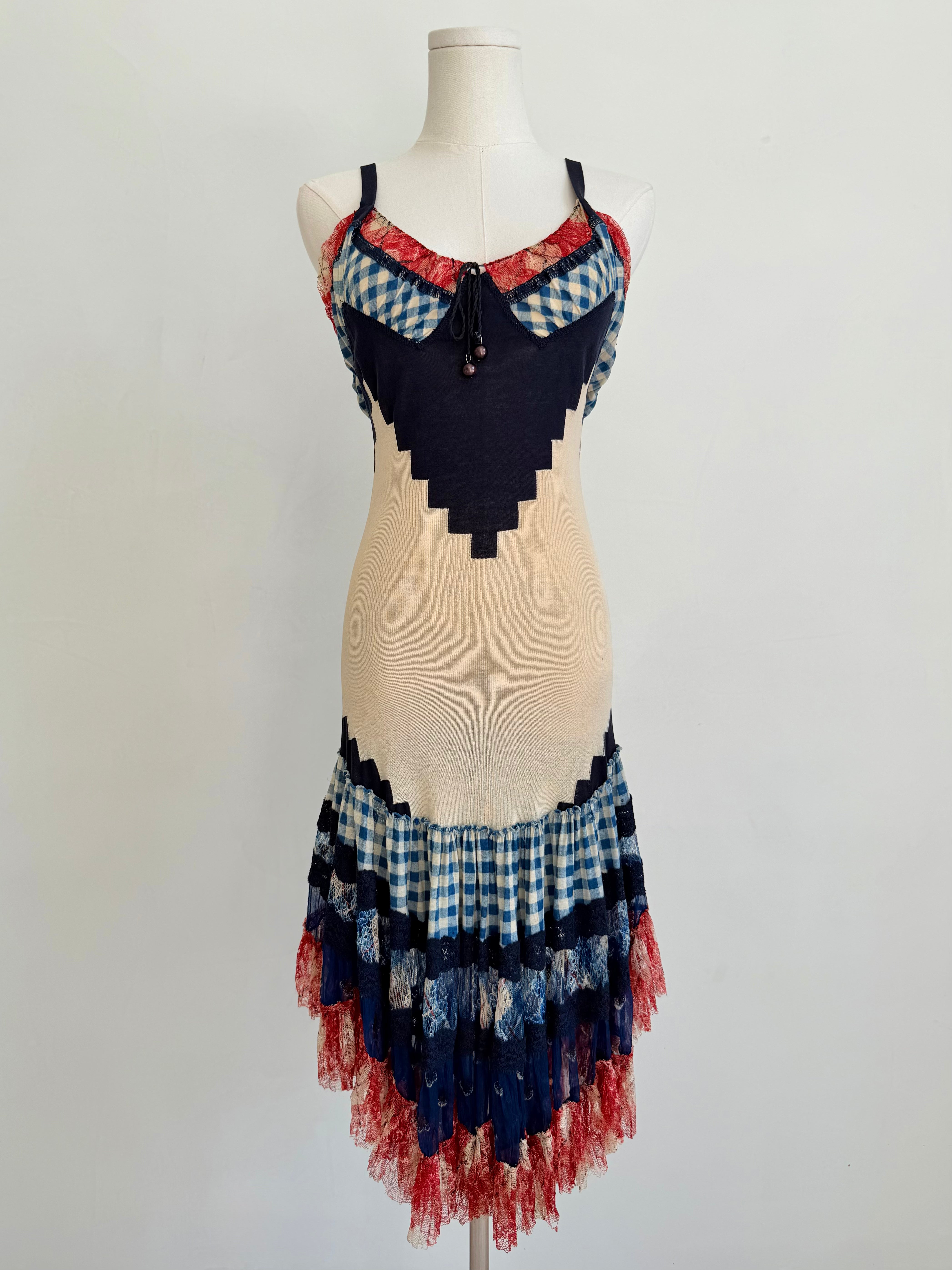 1990s Gingham & Lace Knit Dress