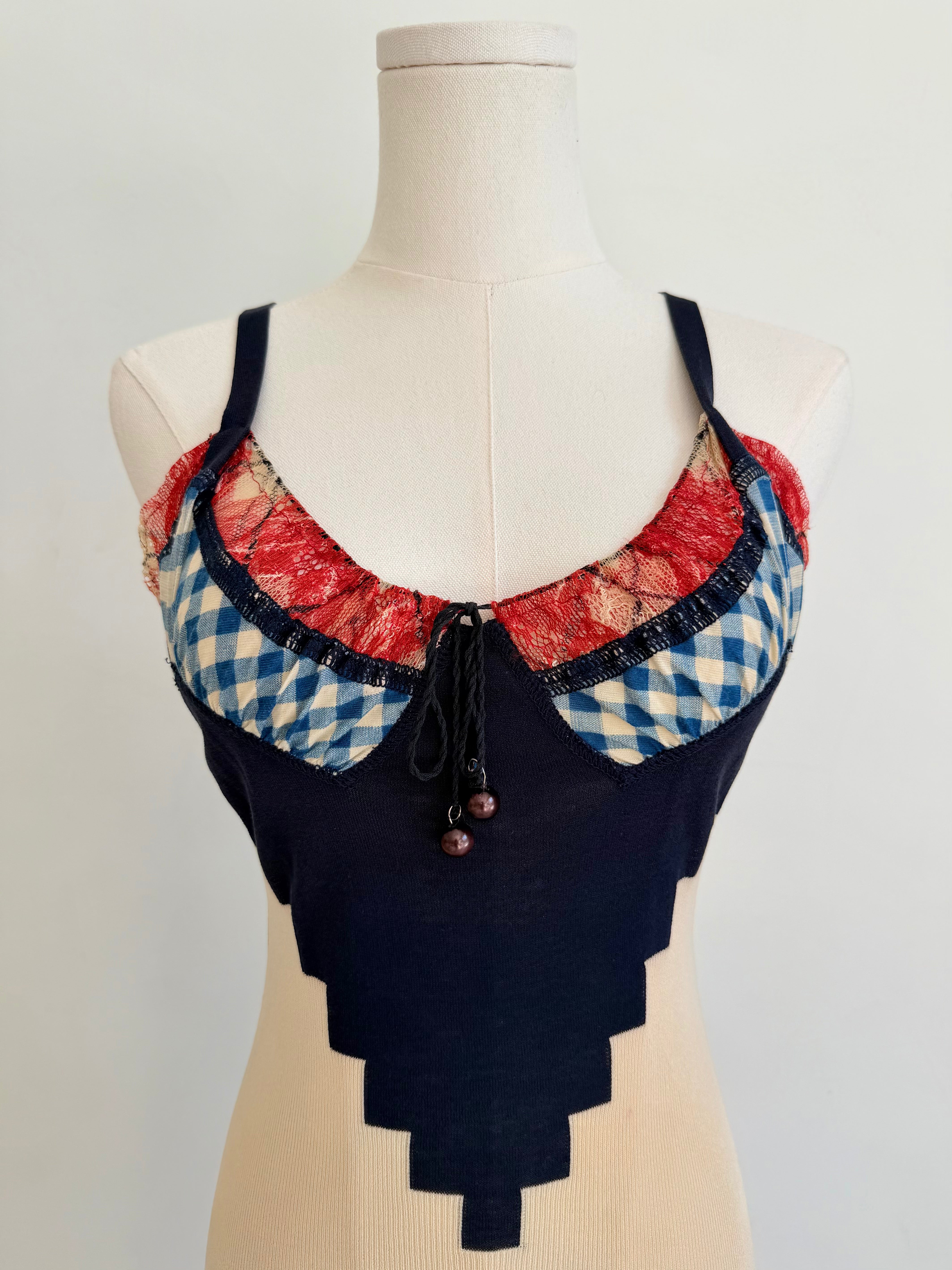1990s Gingham & Lace Knit Dress