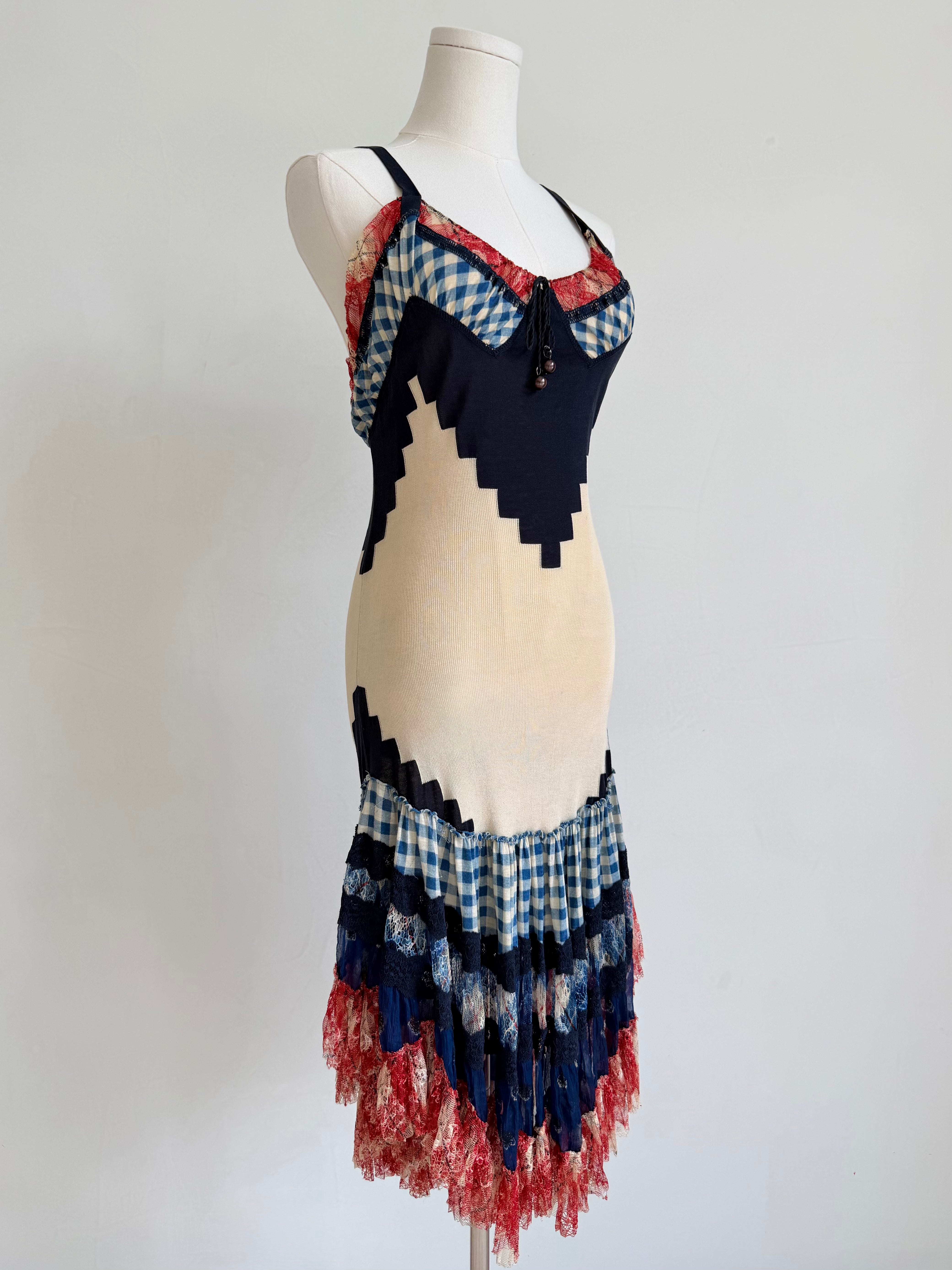 1990s Gingham & Lace Knit Dress