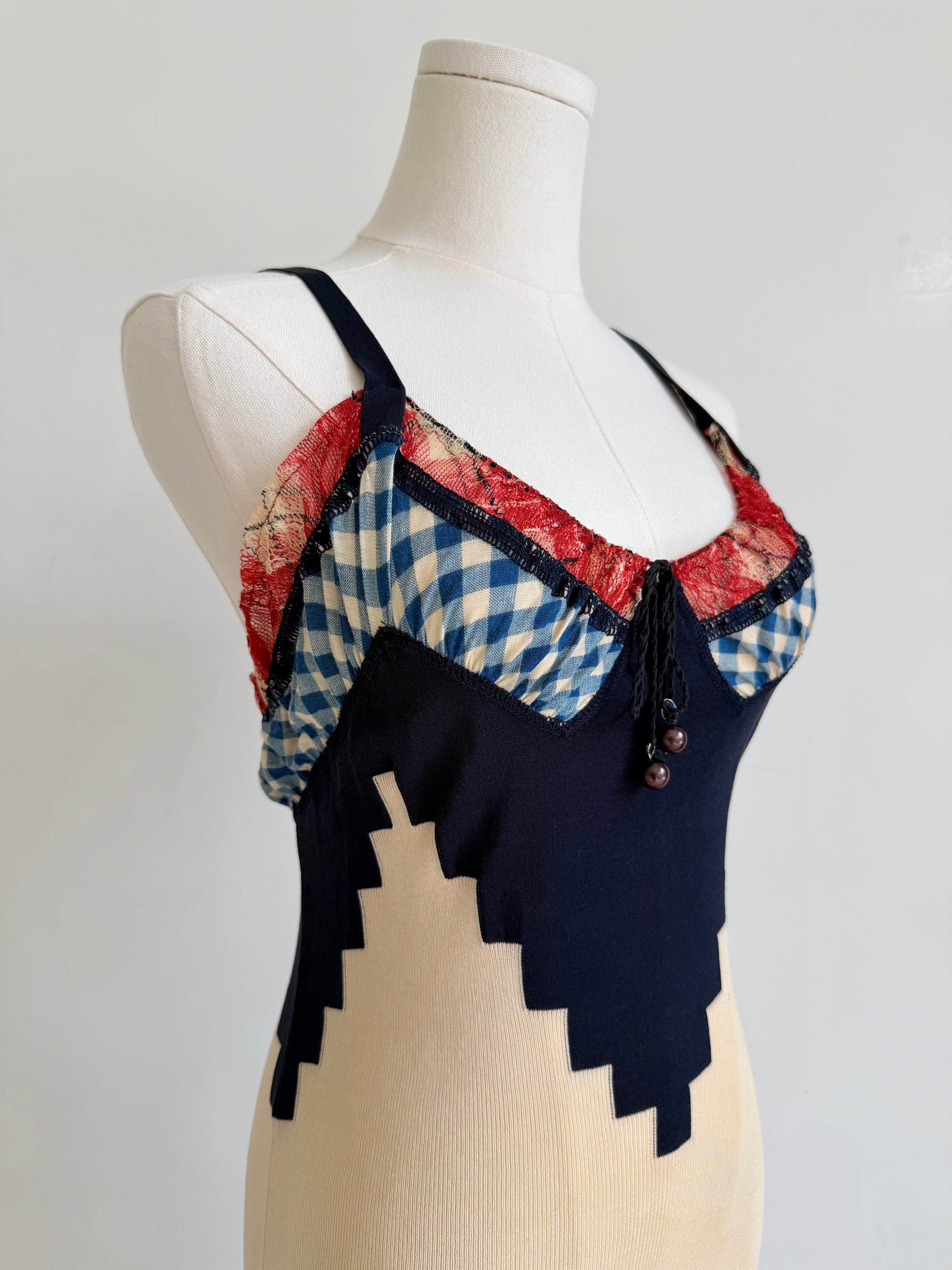 1990s Gingham & Lace Knit Dress
