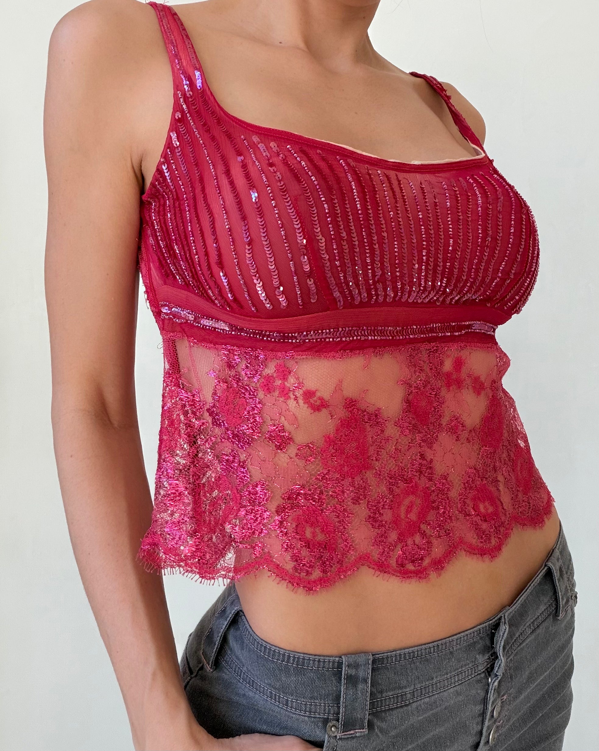 Red Embellished Lace & Sequin Tank