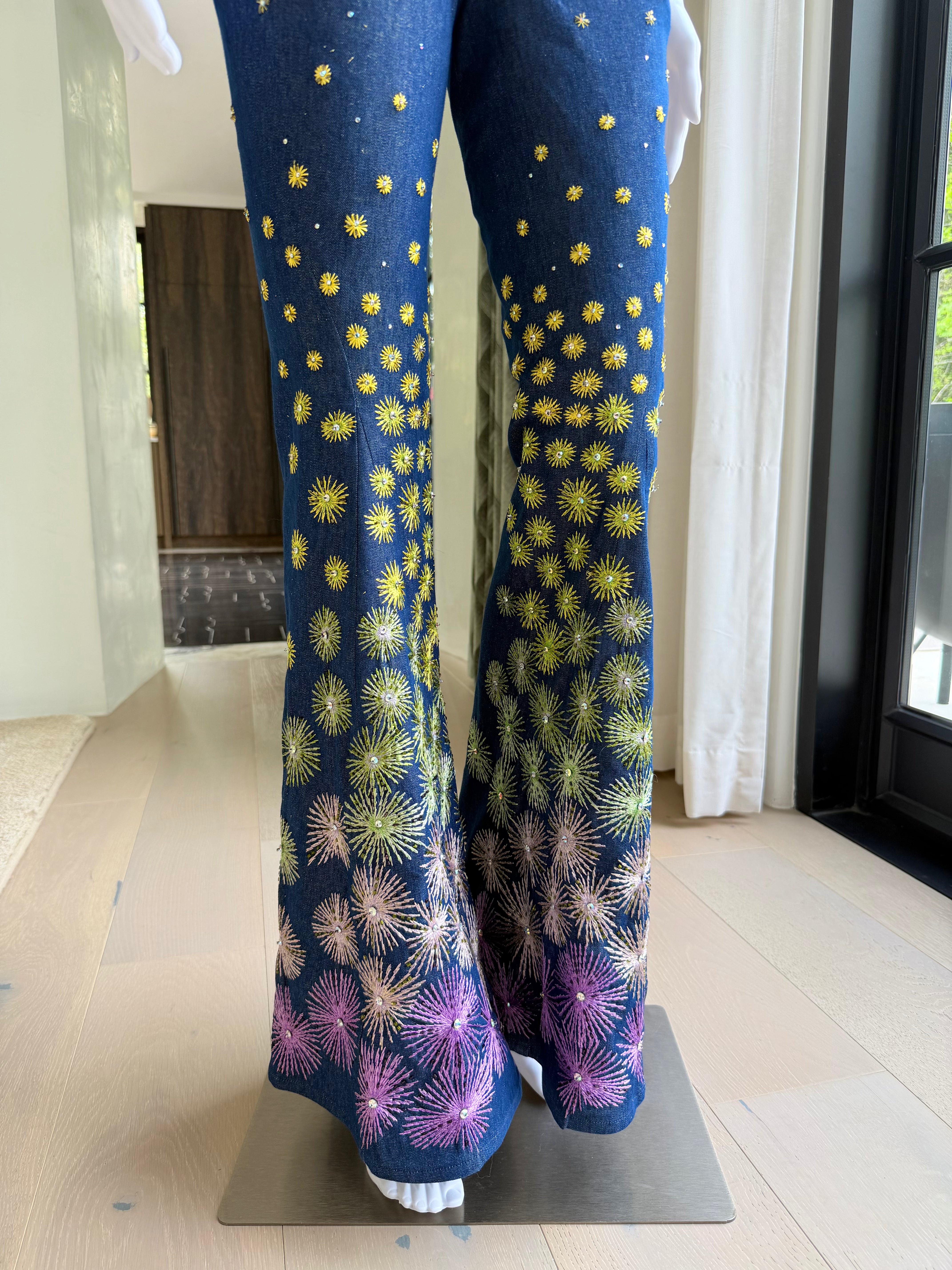 S/S 2002 Dark Denim Pants with Multicolor Starburst Embroidery