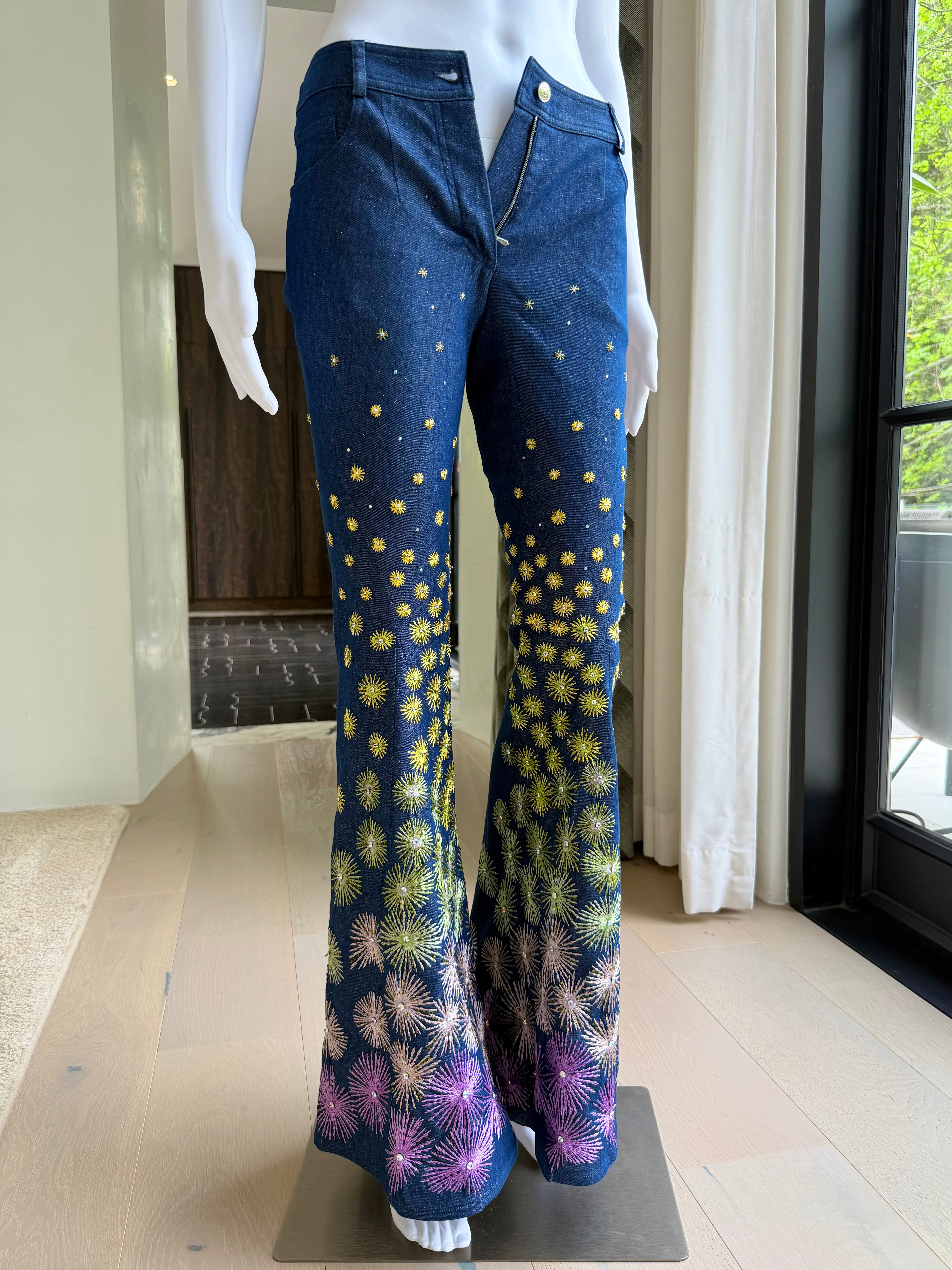 S/S 2002 Dark Denim Pants with Multicolor Starburst Embroidery