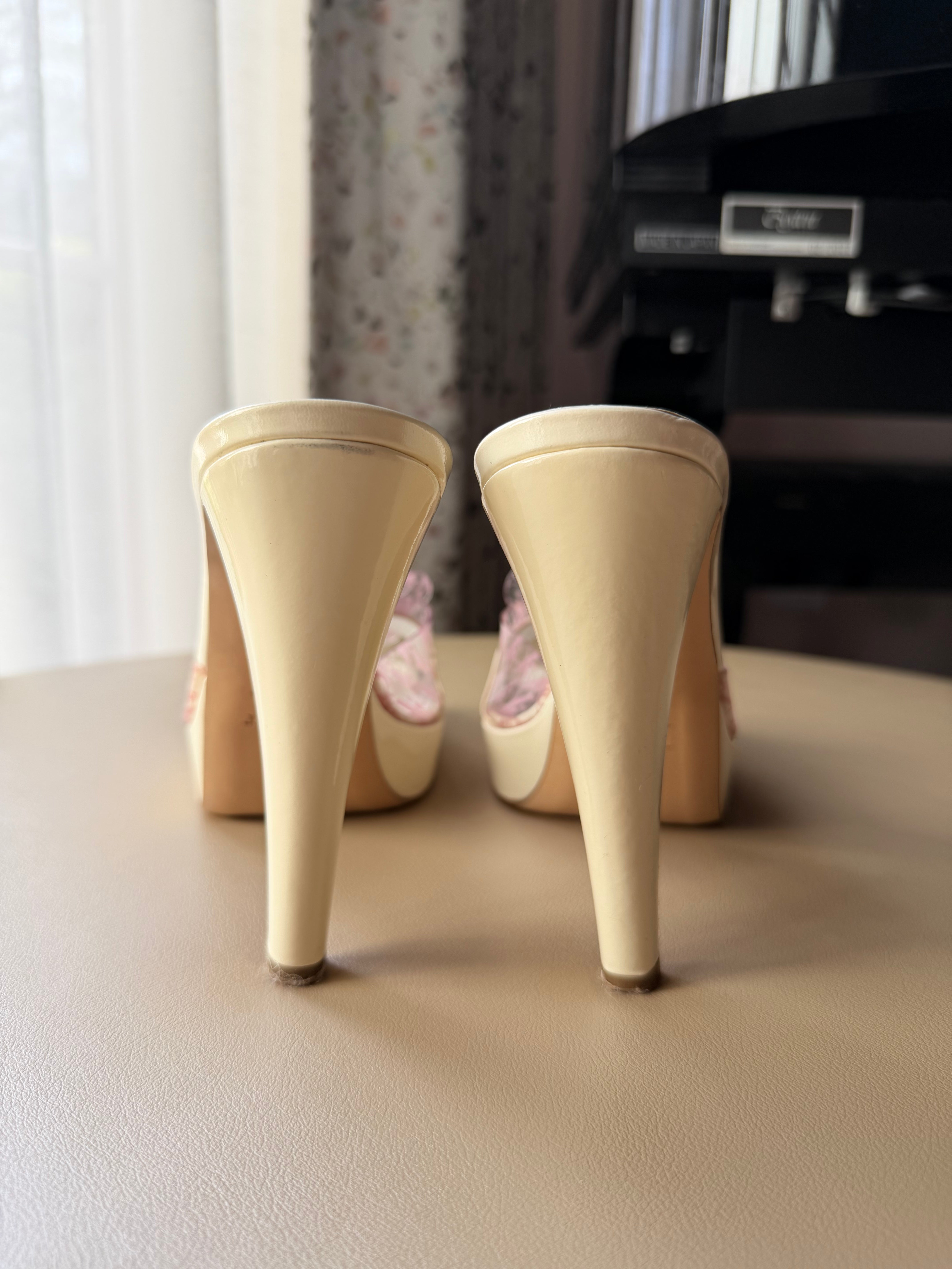 Cream Dior Logo Flower Mule Heels