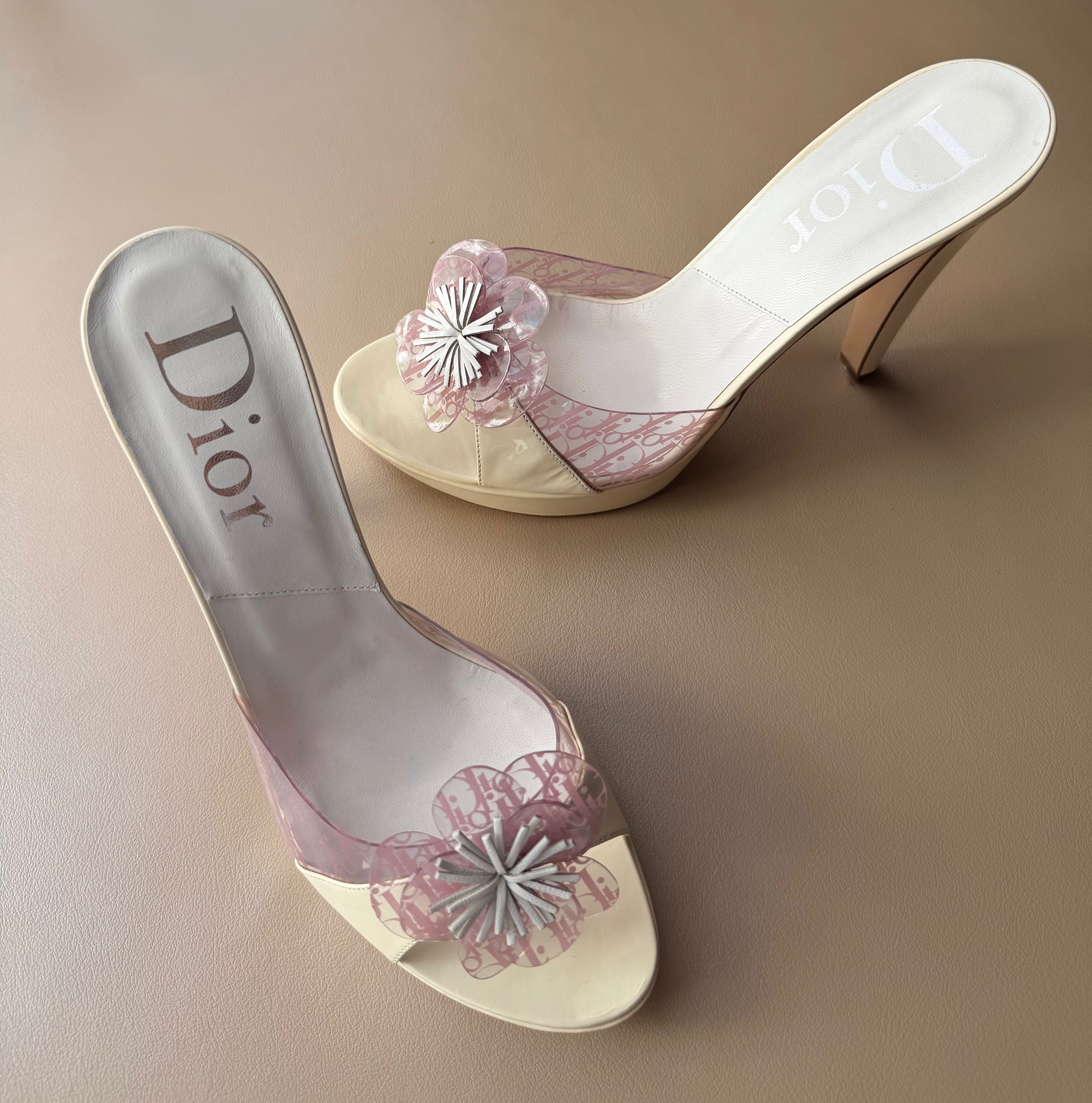 Cream Dior Logo Flower Mule Heels