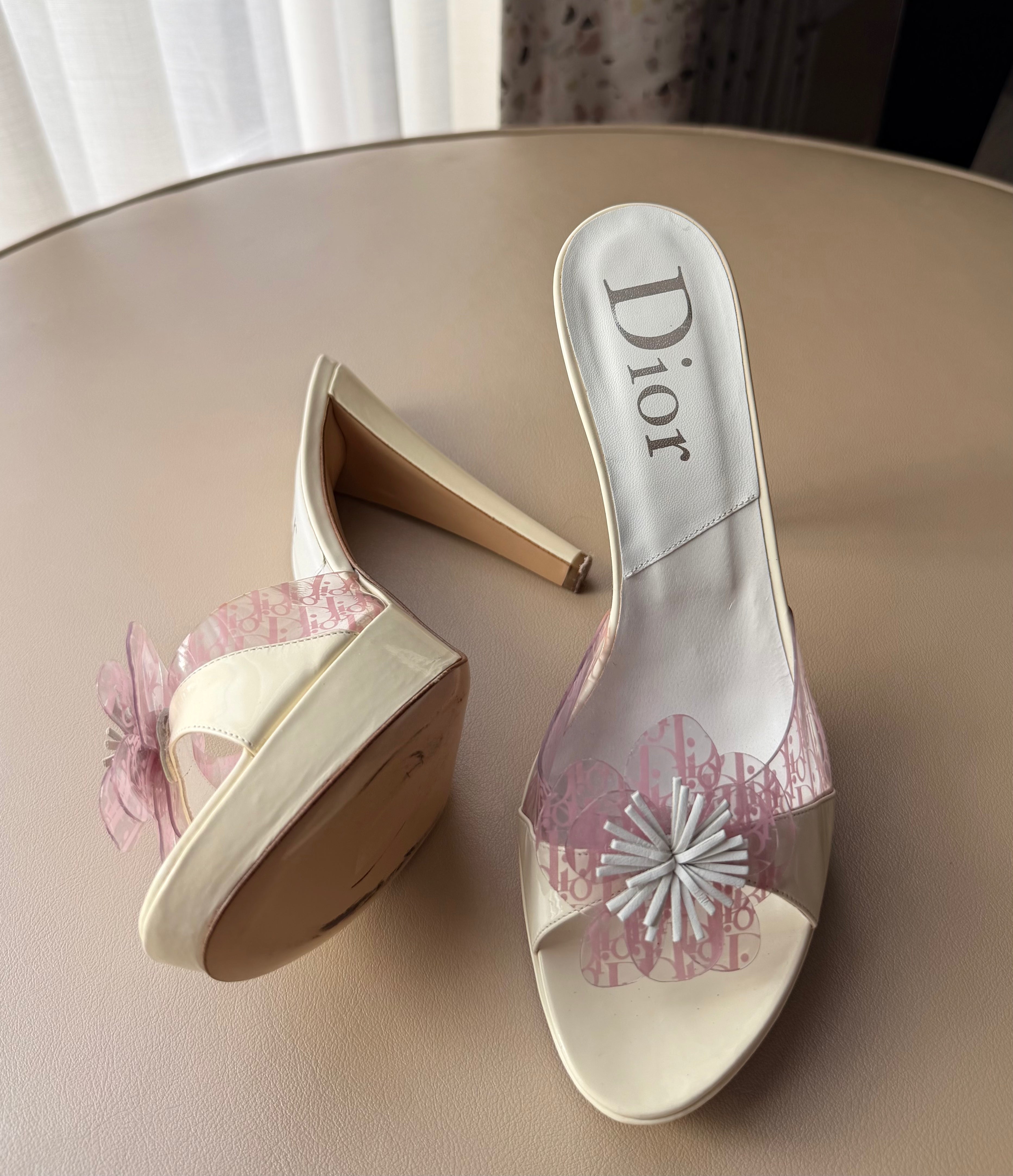 Cream Dior Logo Flower Mule Heels