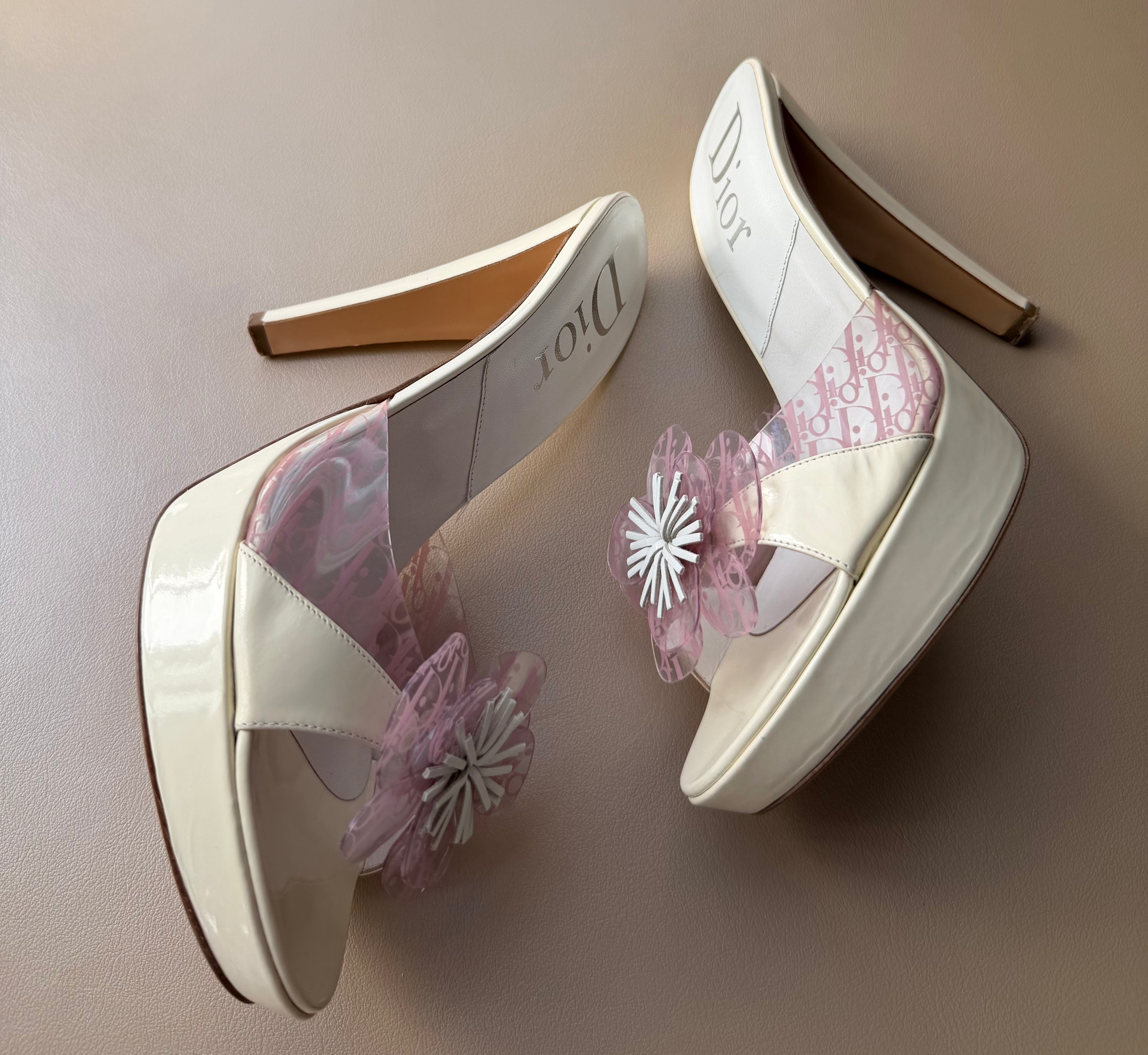 Cream Dior Logo Flower Mule Heels