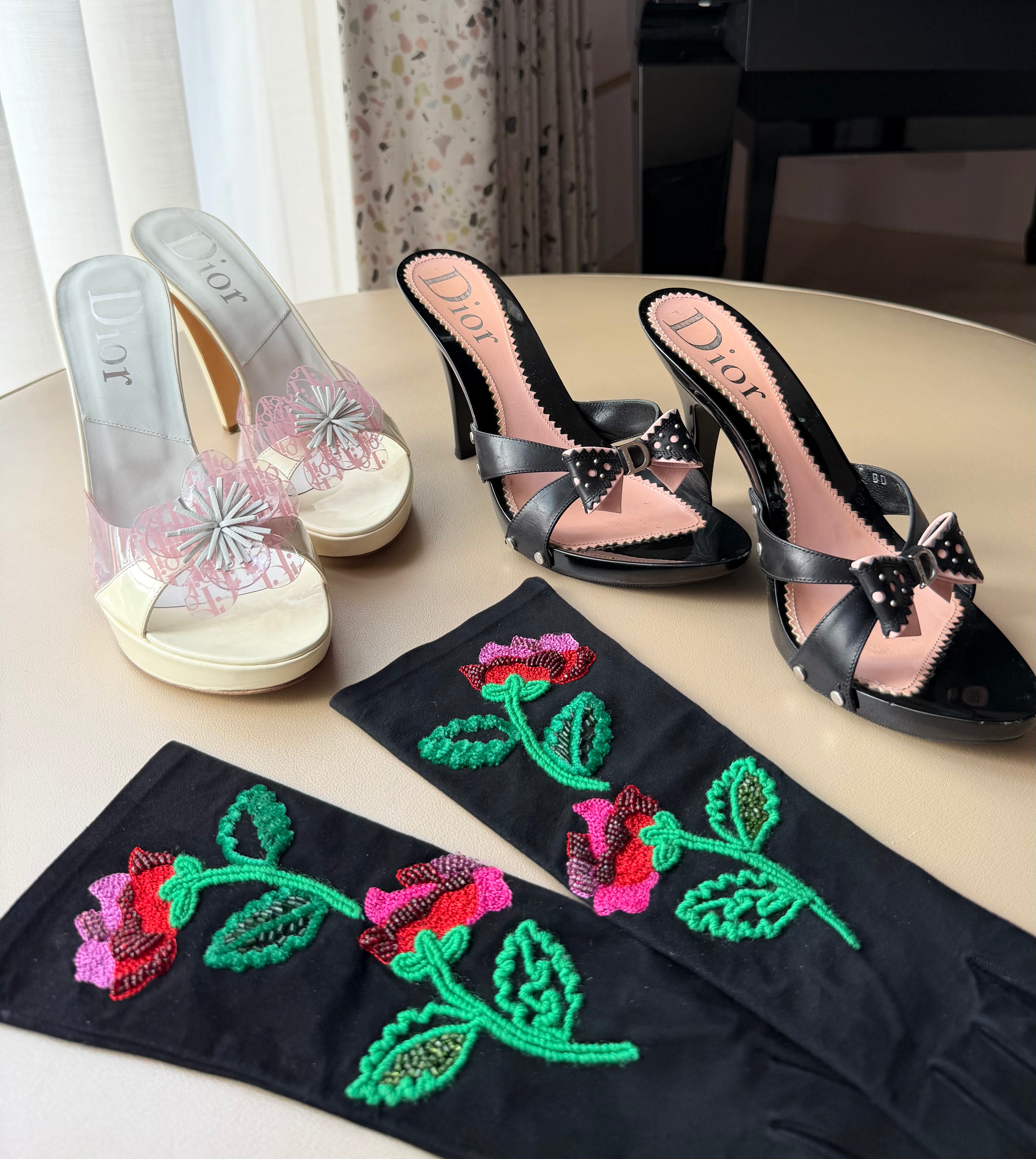 Cream Dior Logo Flower Mule Heels