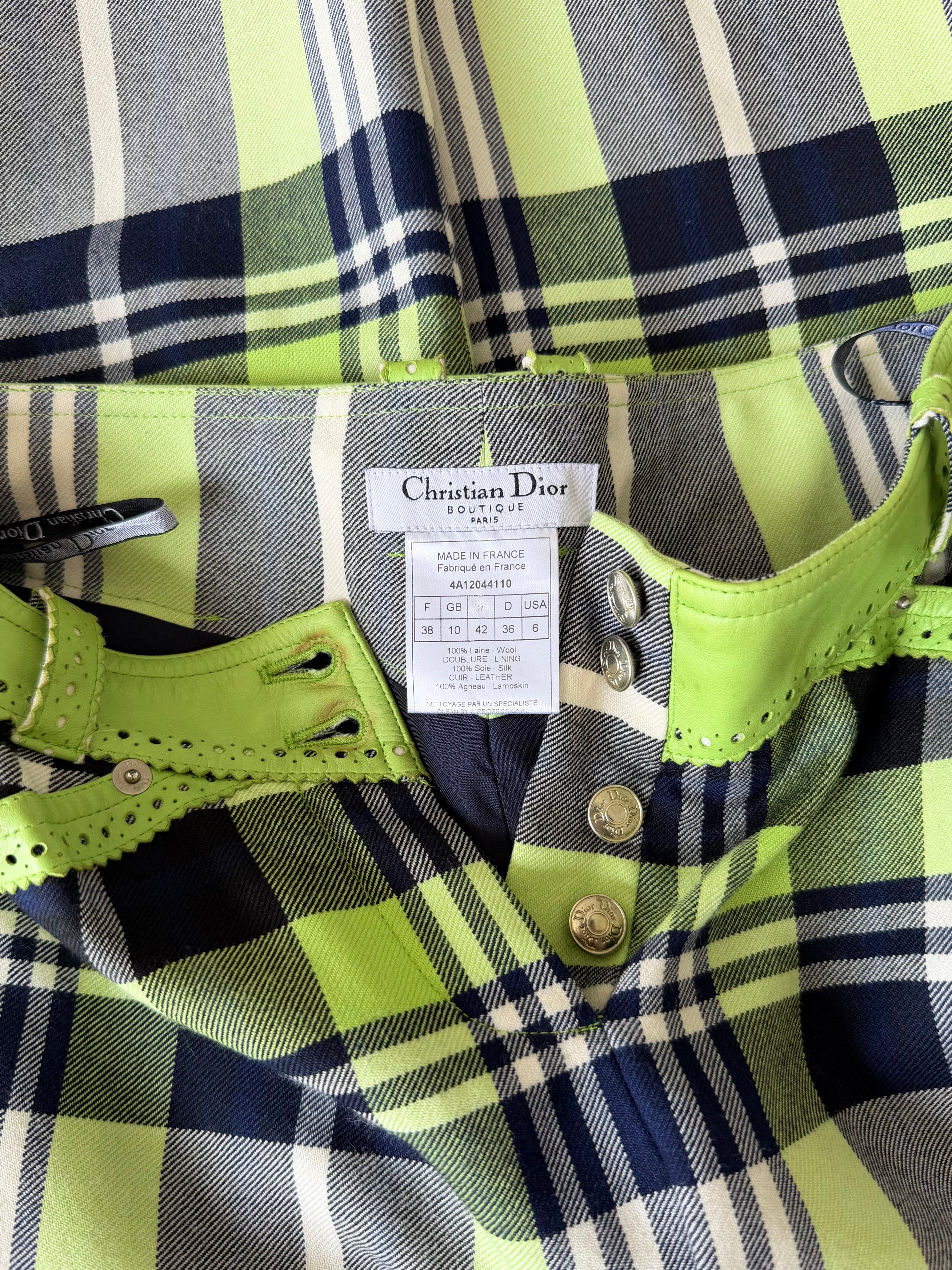 Lime Green Plaid Wool Pants with Leather Trim