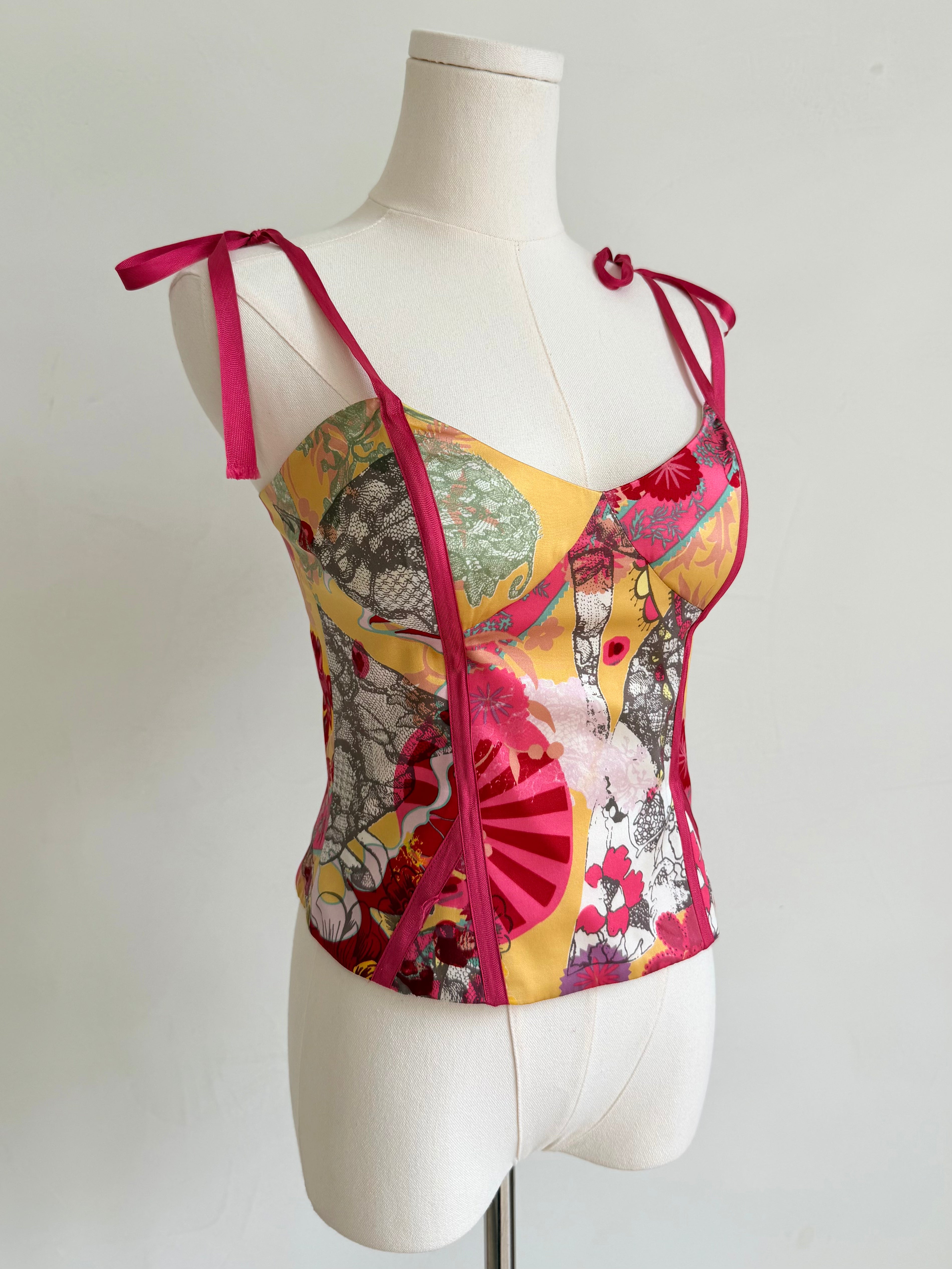 Bazar Pink & Yellow Collage Print Ribbon Corset Top