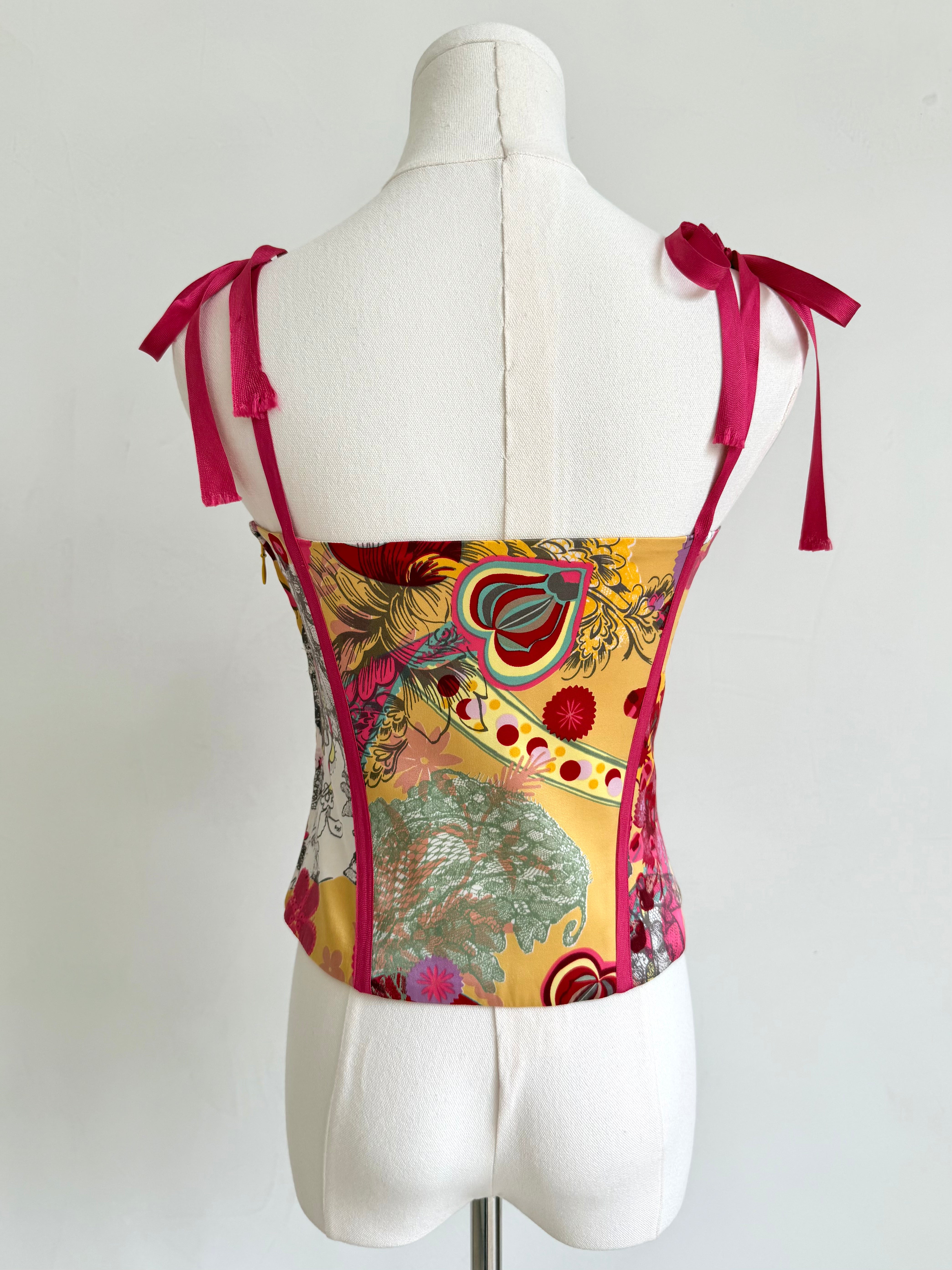 Bazar Pink & Yellow Collage Print Ribbon Corset Top