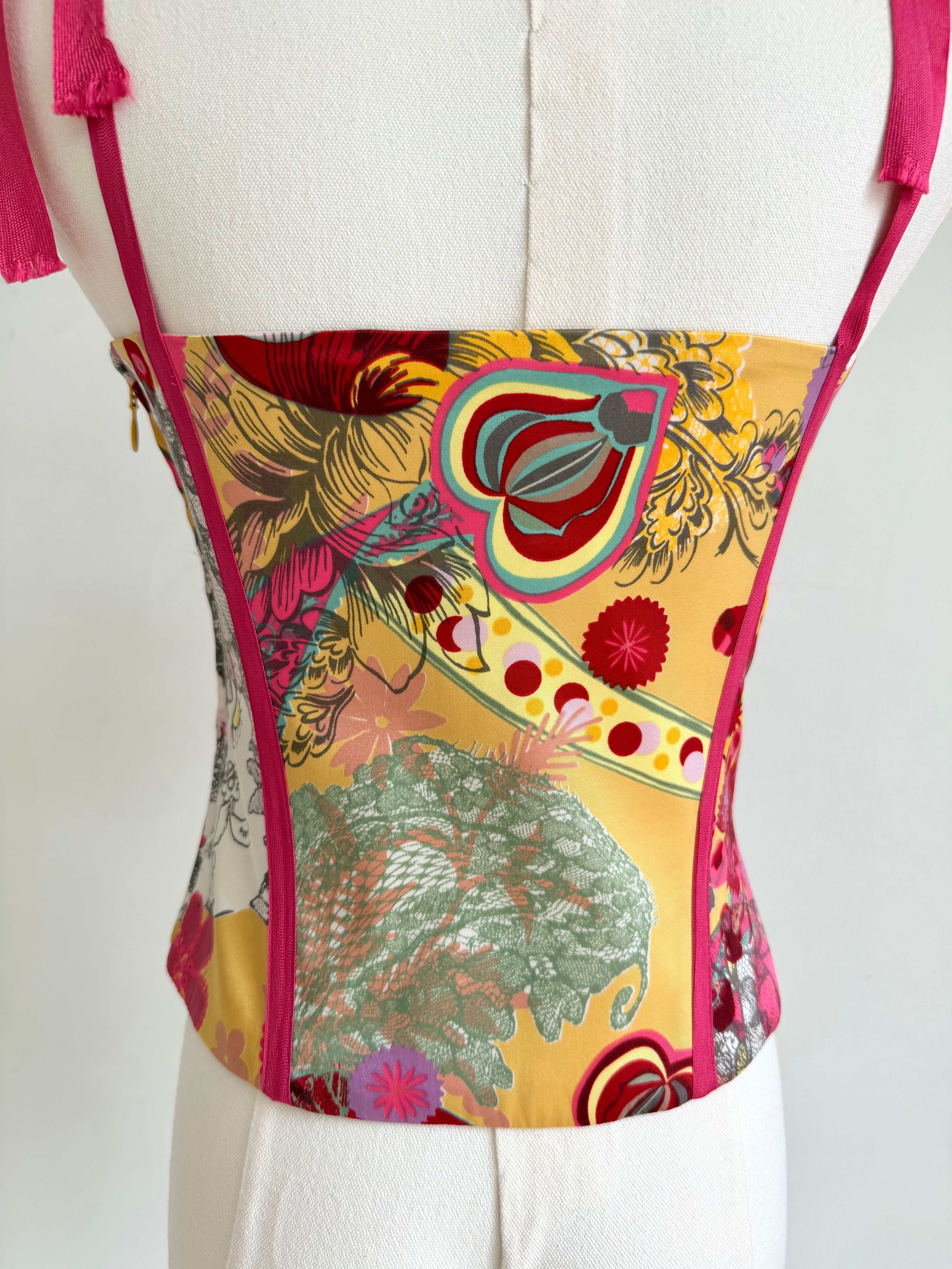 Bazar Pink & Yellow Collage Print Ribbon Corset Top
