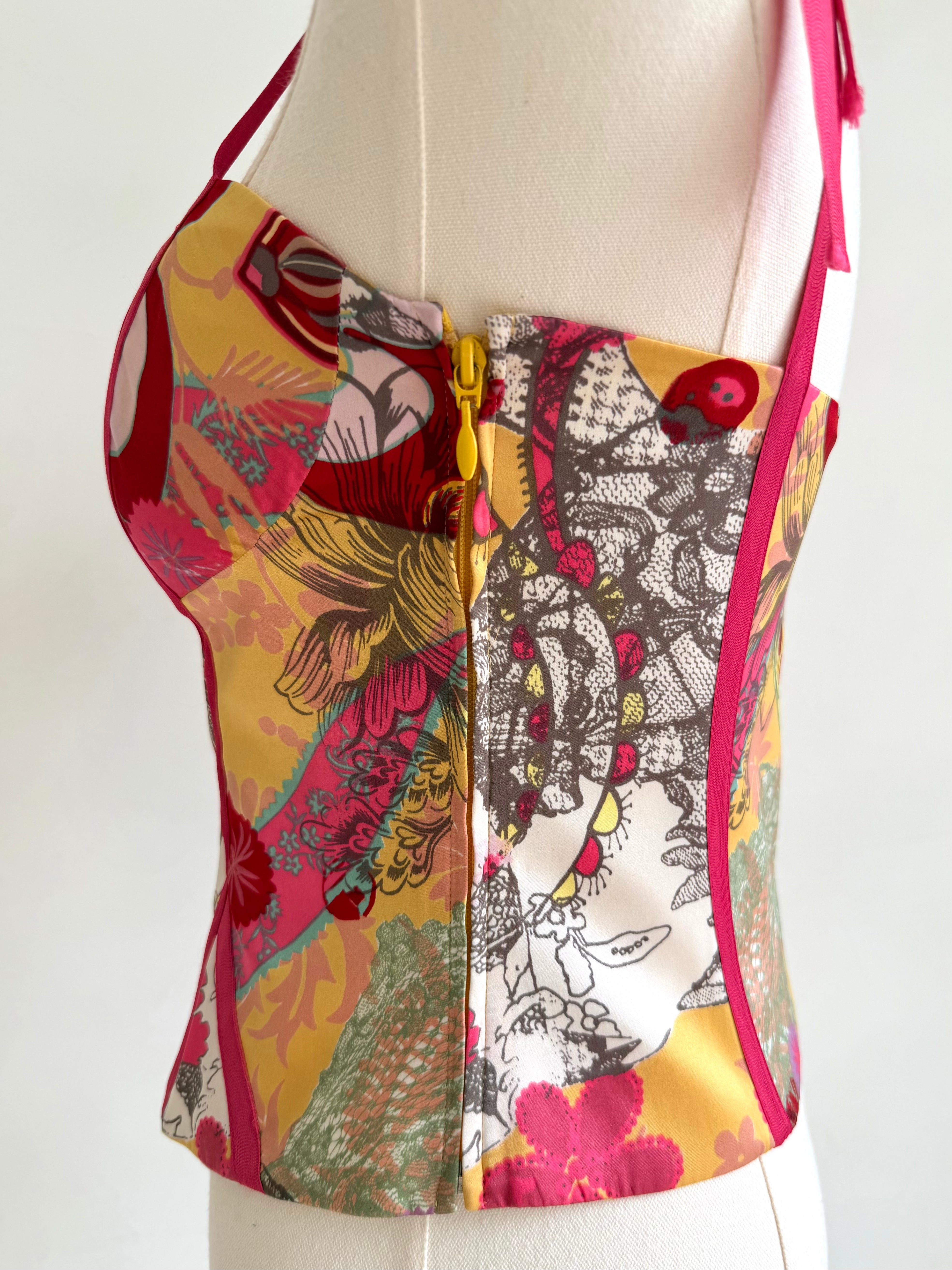 Bazar Pink & Yellow Collage Print Ribbon Corset Top