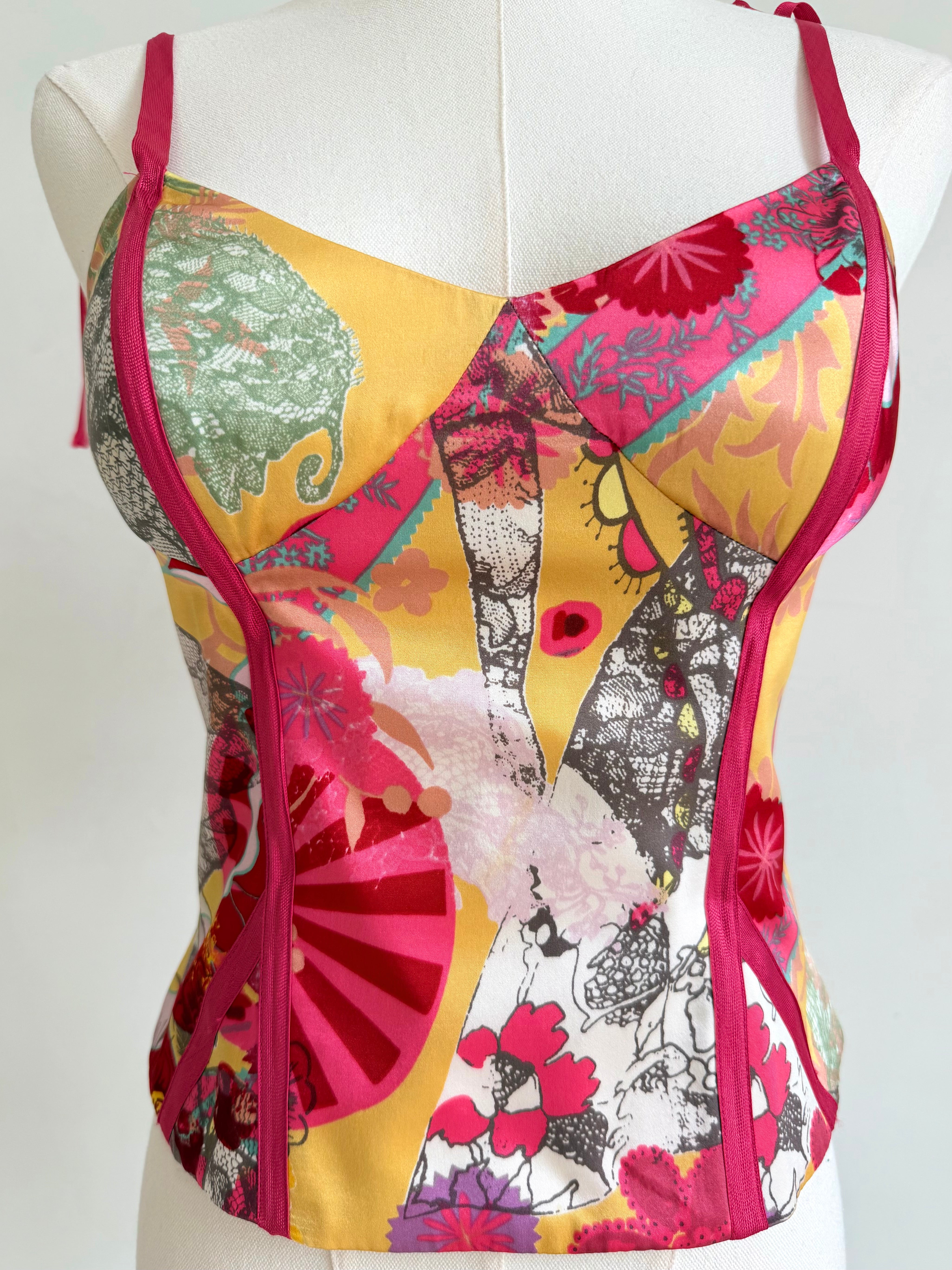 Bazar Pink & Yellow Collage Print Ribbon Corset Top