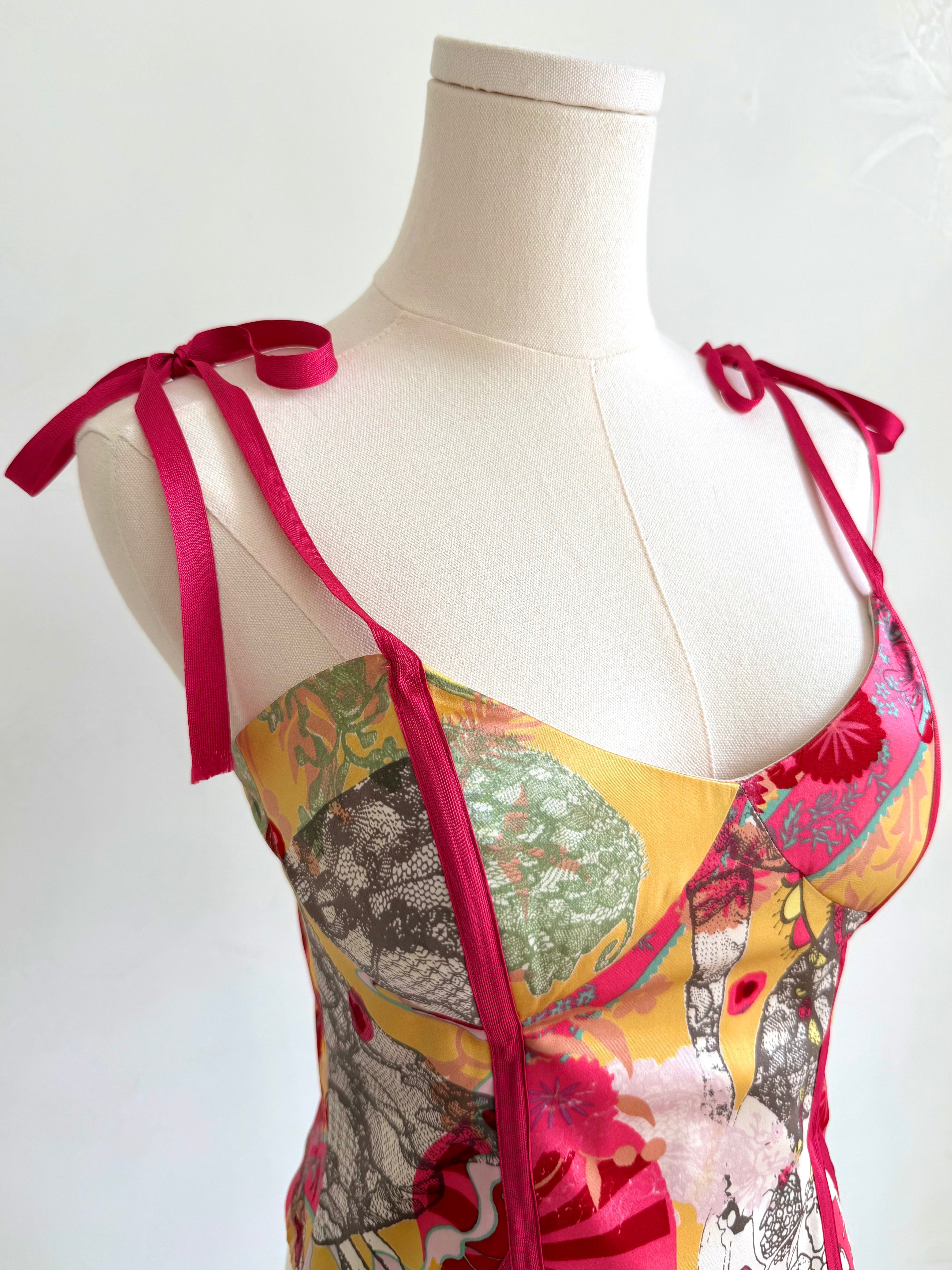 Bazar Pink & Yellow Collage Print Ribbon Corset Top