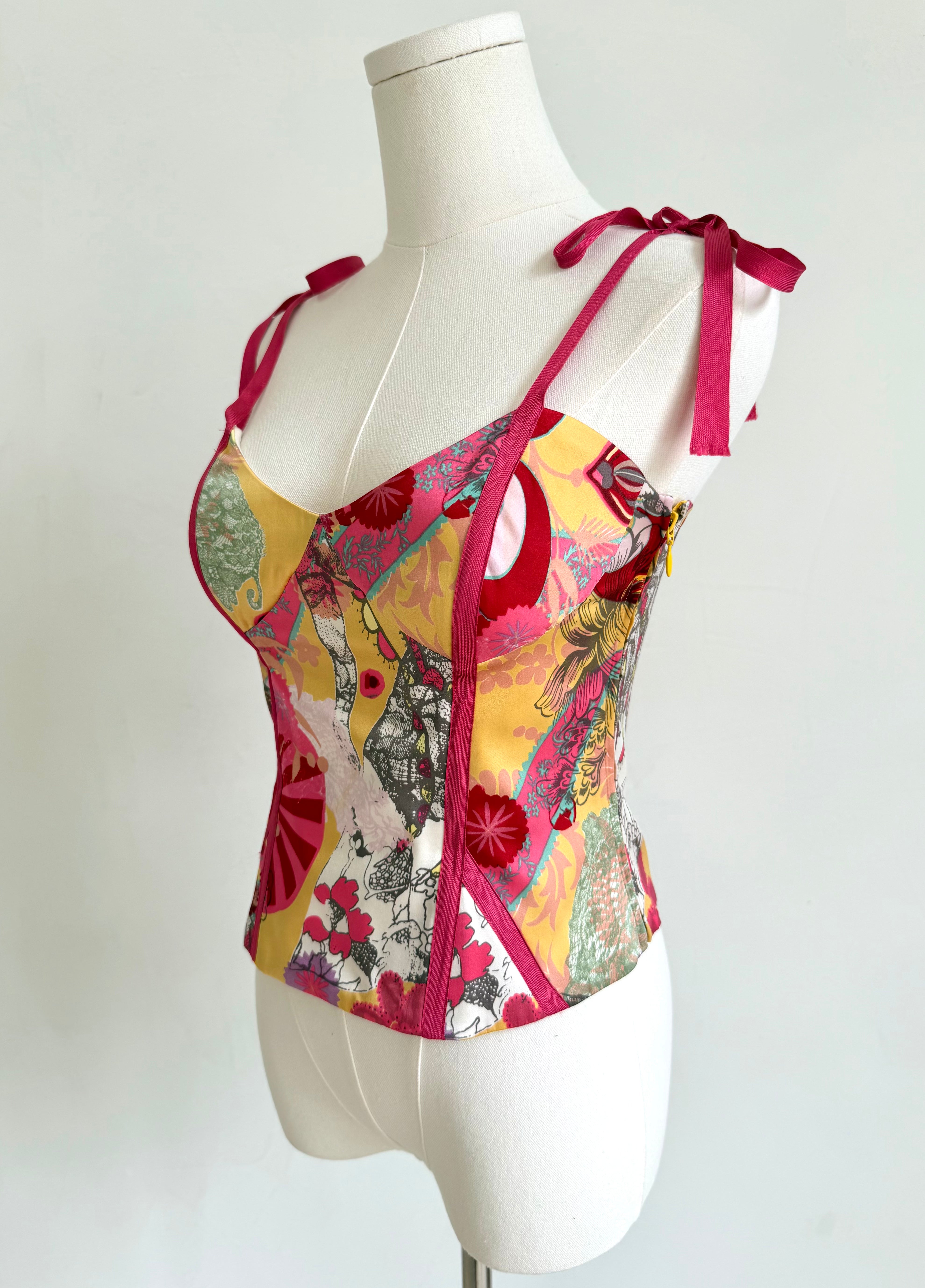 Bazar Pink & Yellow Collage Print Ribbon Corset Top