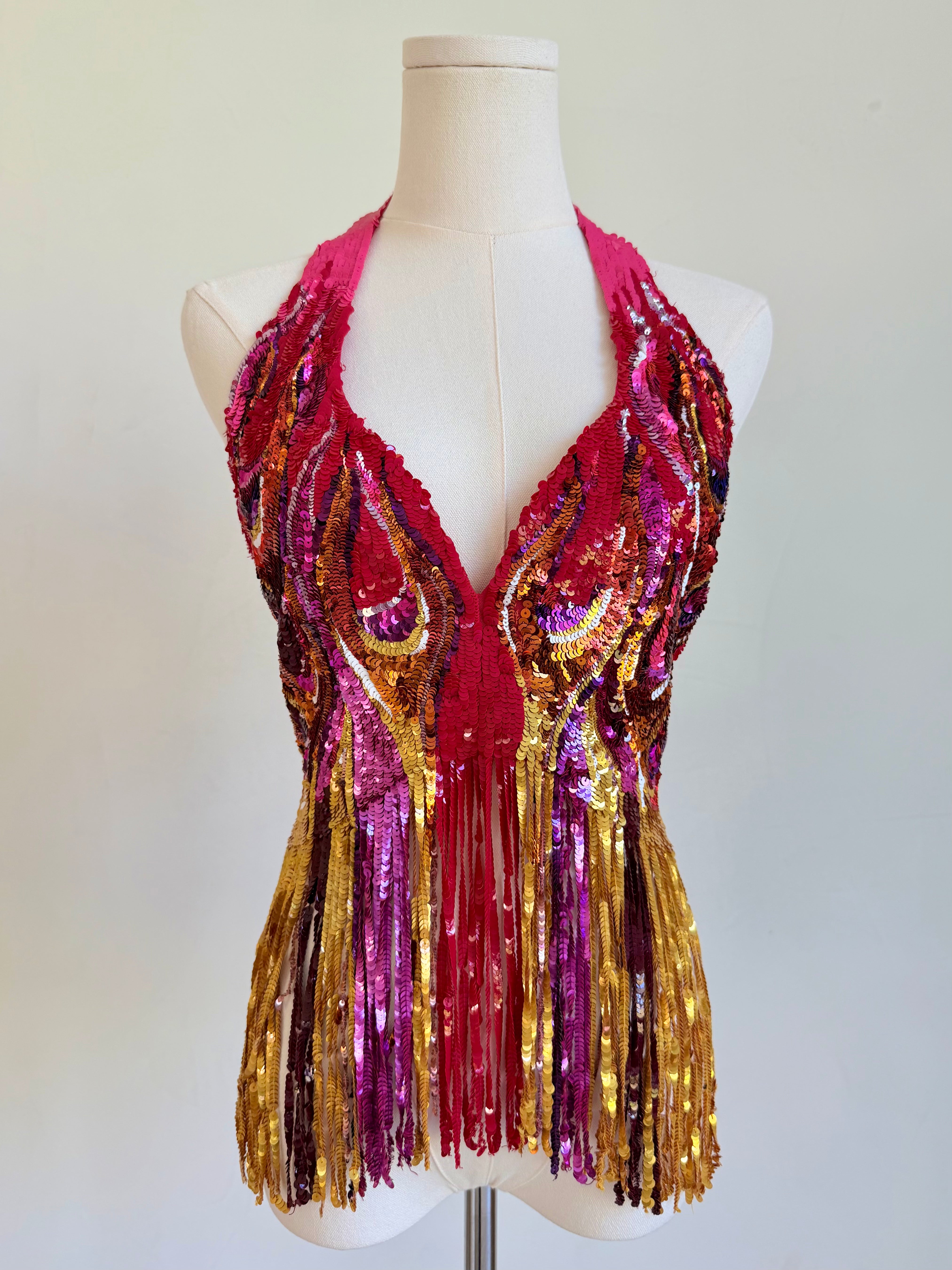 Multicolor Sequin & Fringe Halter Top