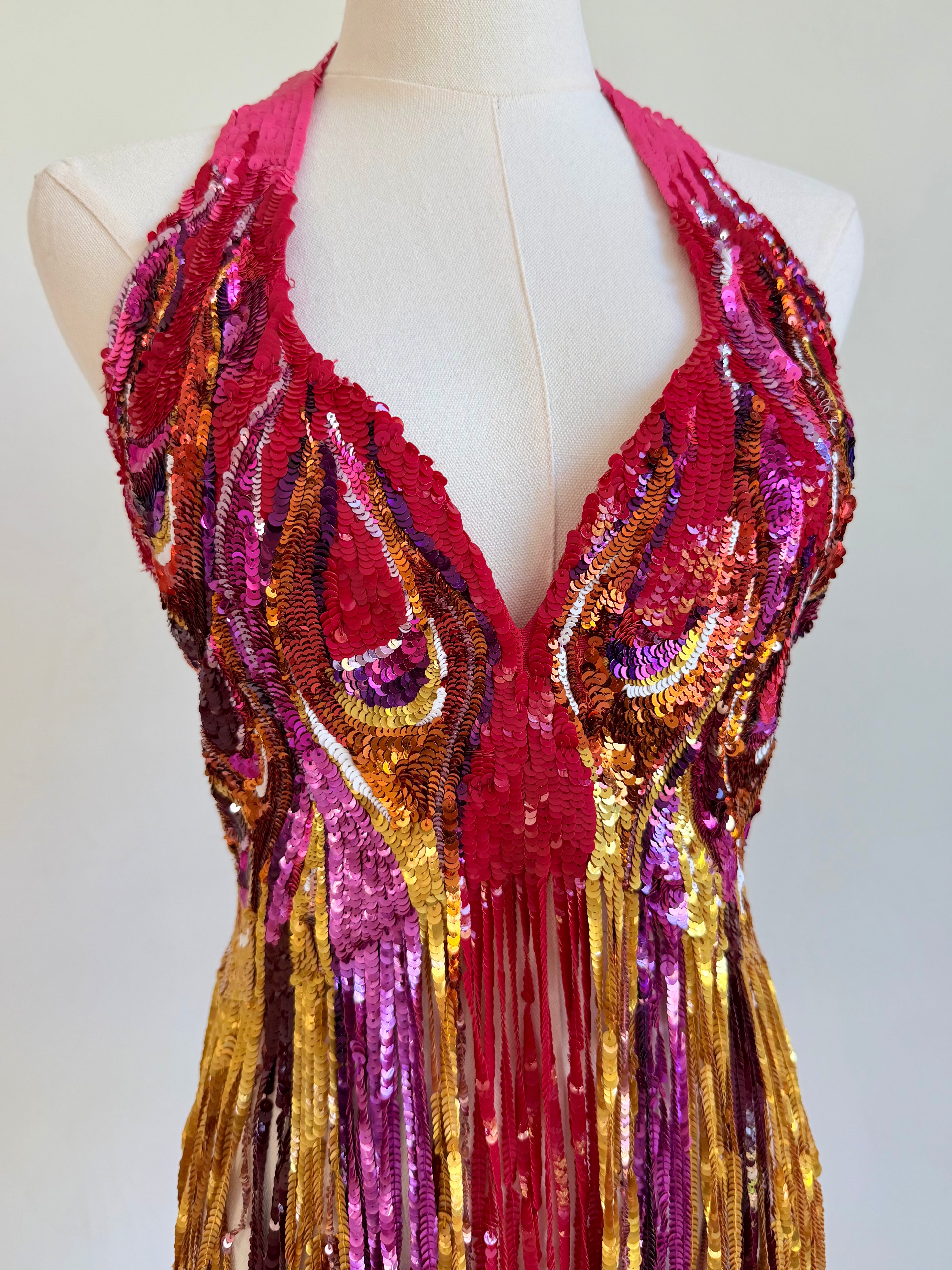 Multicolor Sequin & Fringe Halter Top