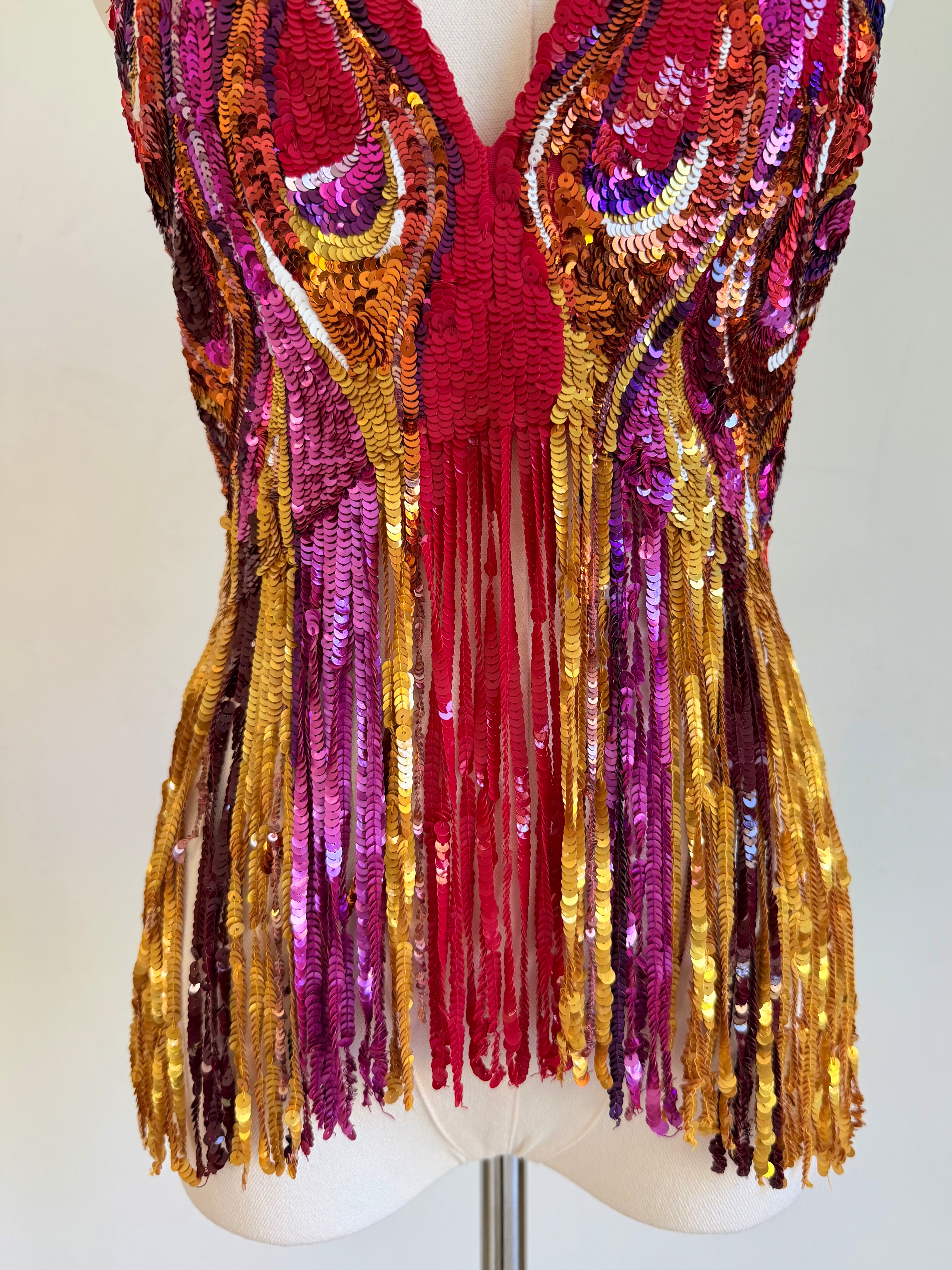 Multicolor Sequin & Fringe Halter Top
