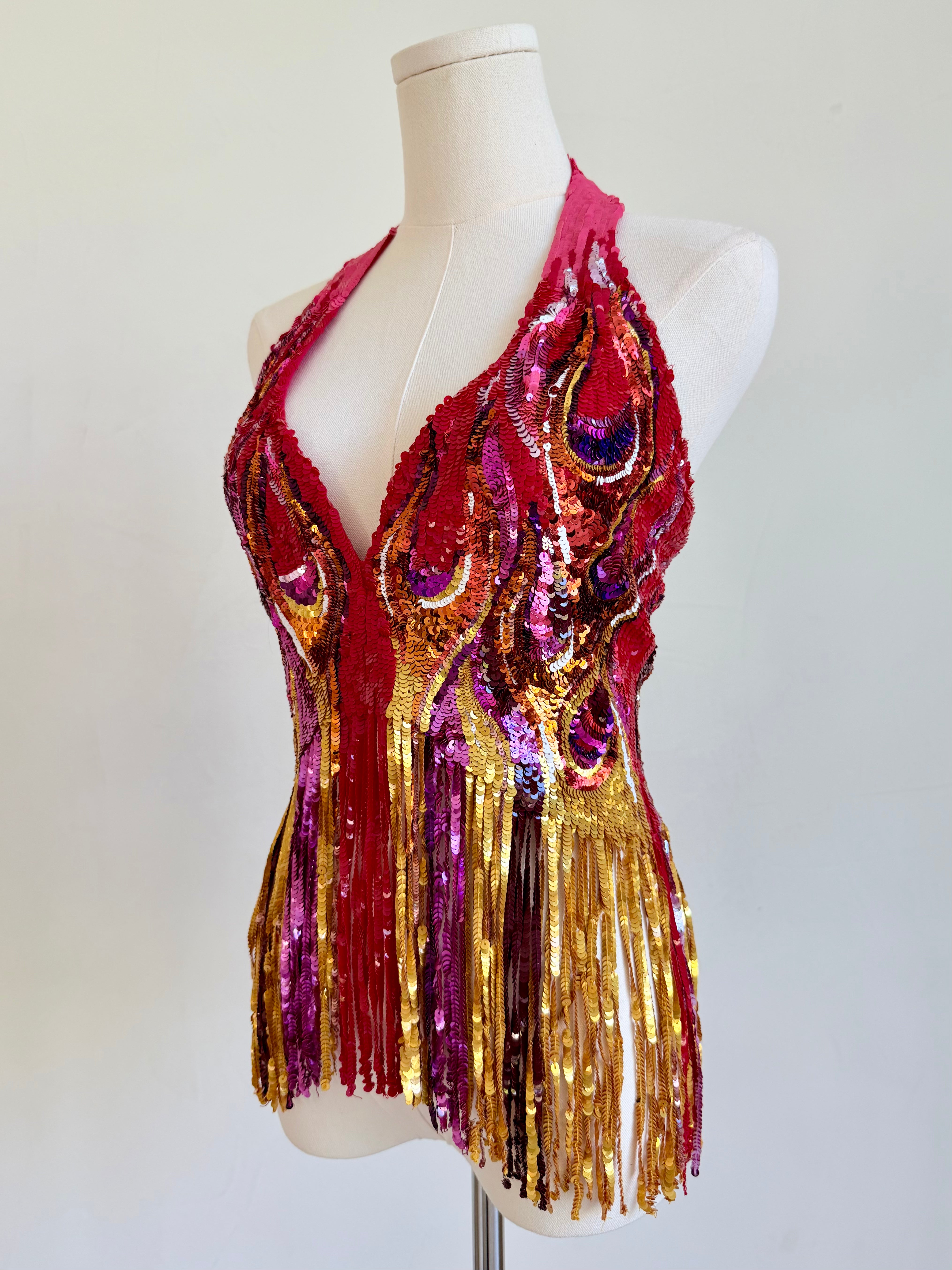 Multicolor Sequin & Fringe Halter Top