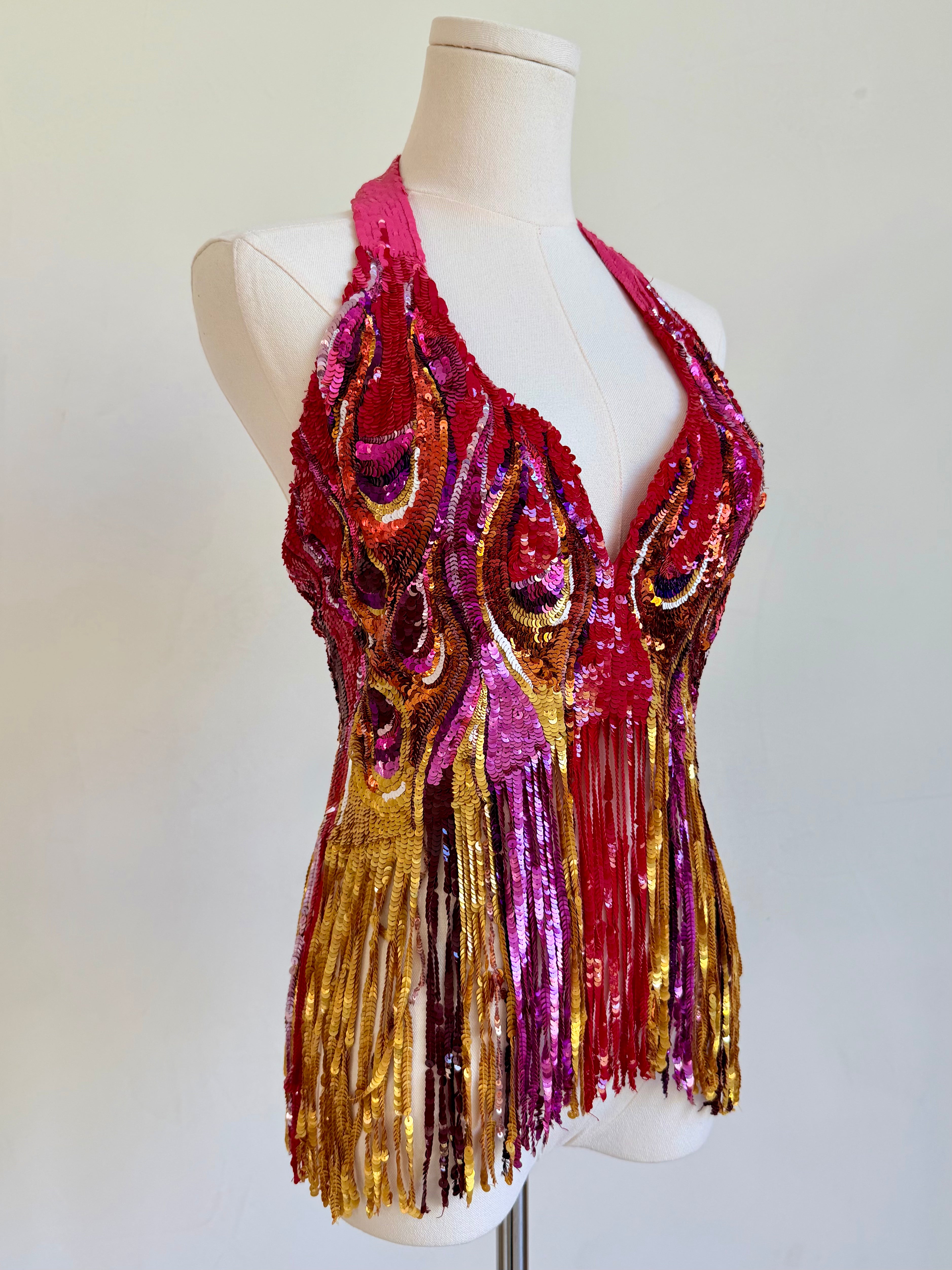 Multicolor Sequin & Fringe Halter Top