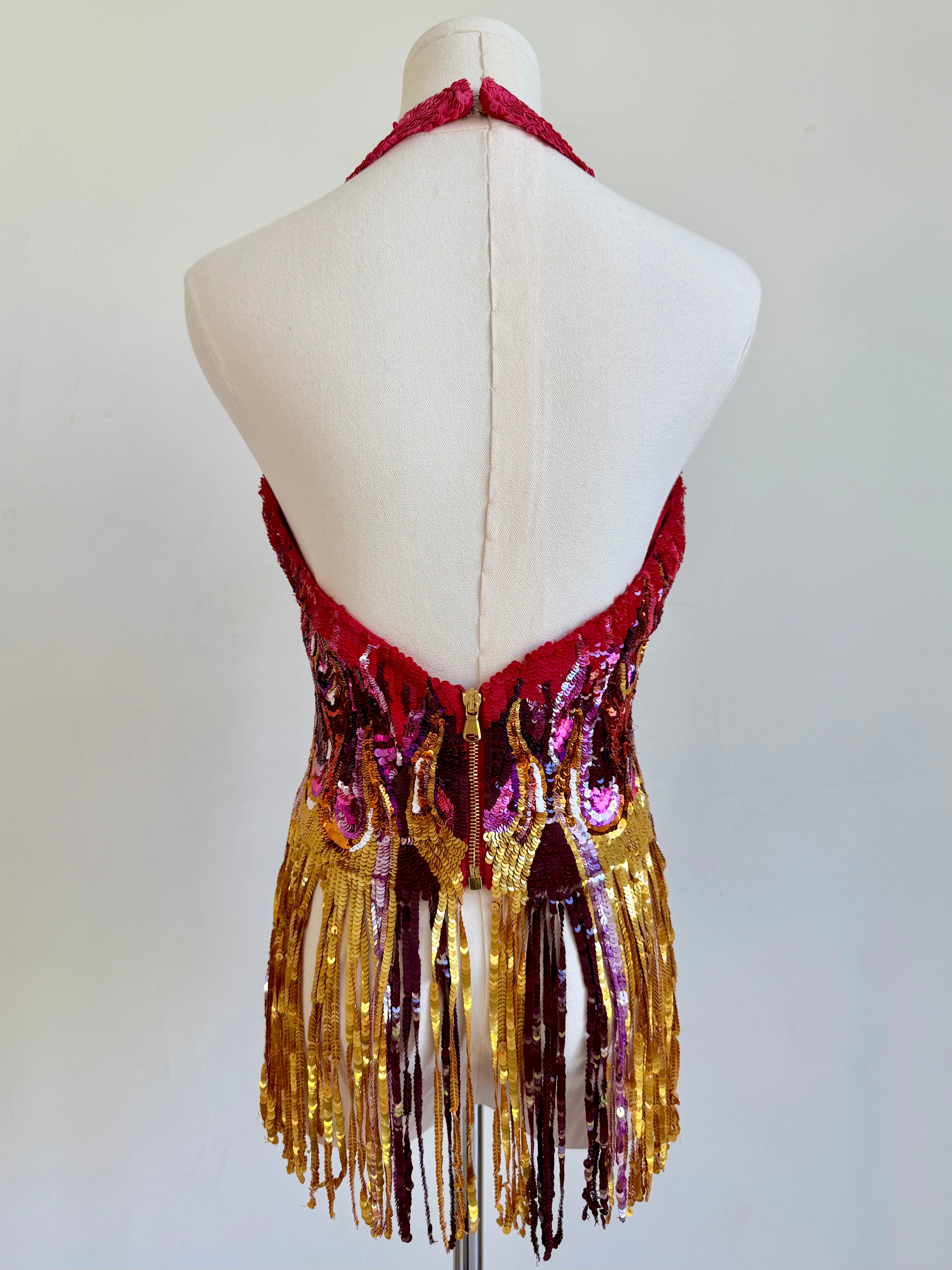 Multicolor Sequin & Fringe Halter Top