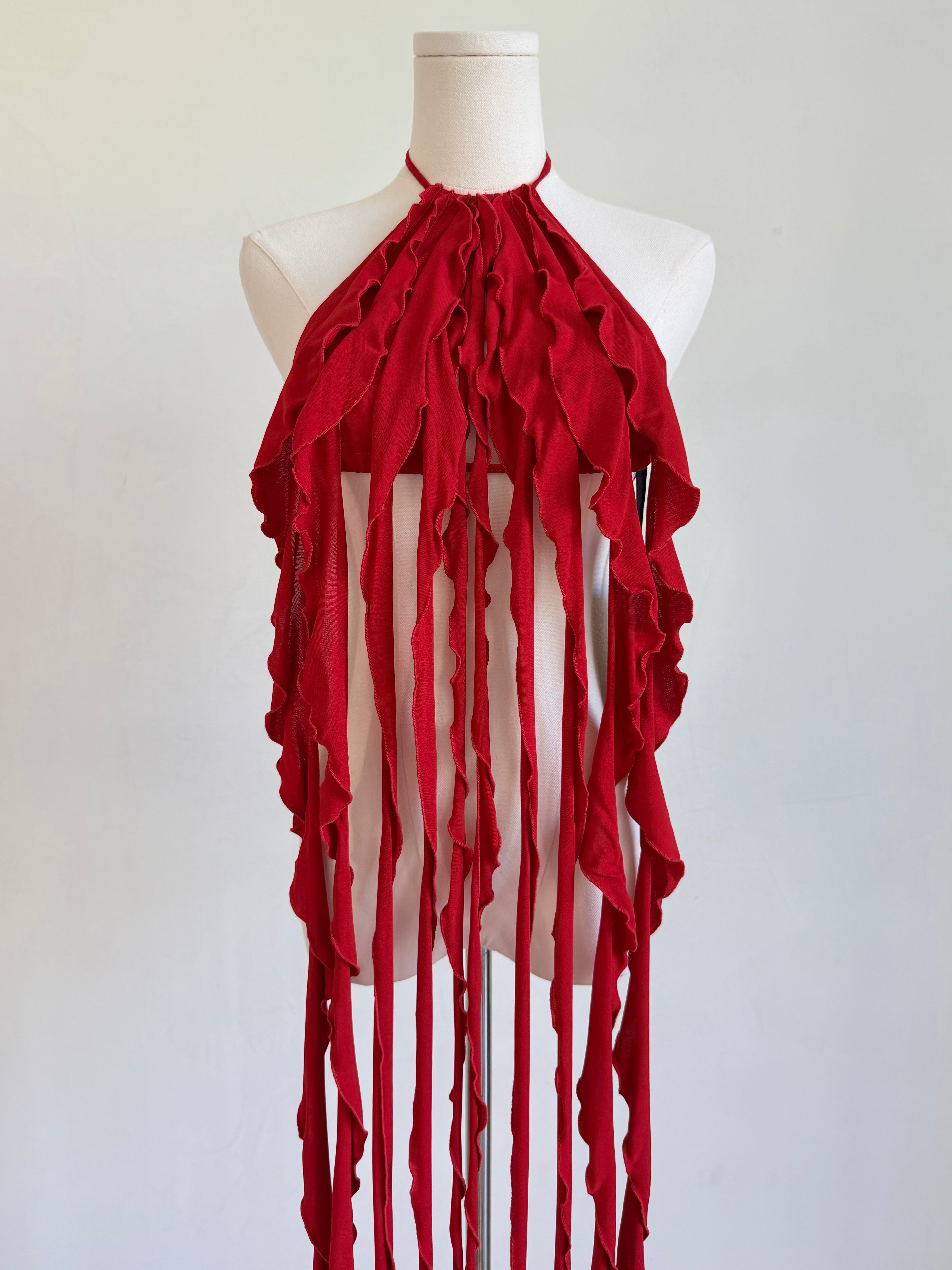 Red Draped Jersey Fringe Top