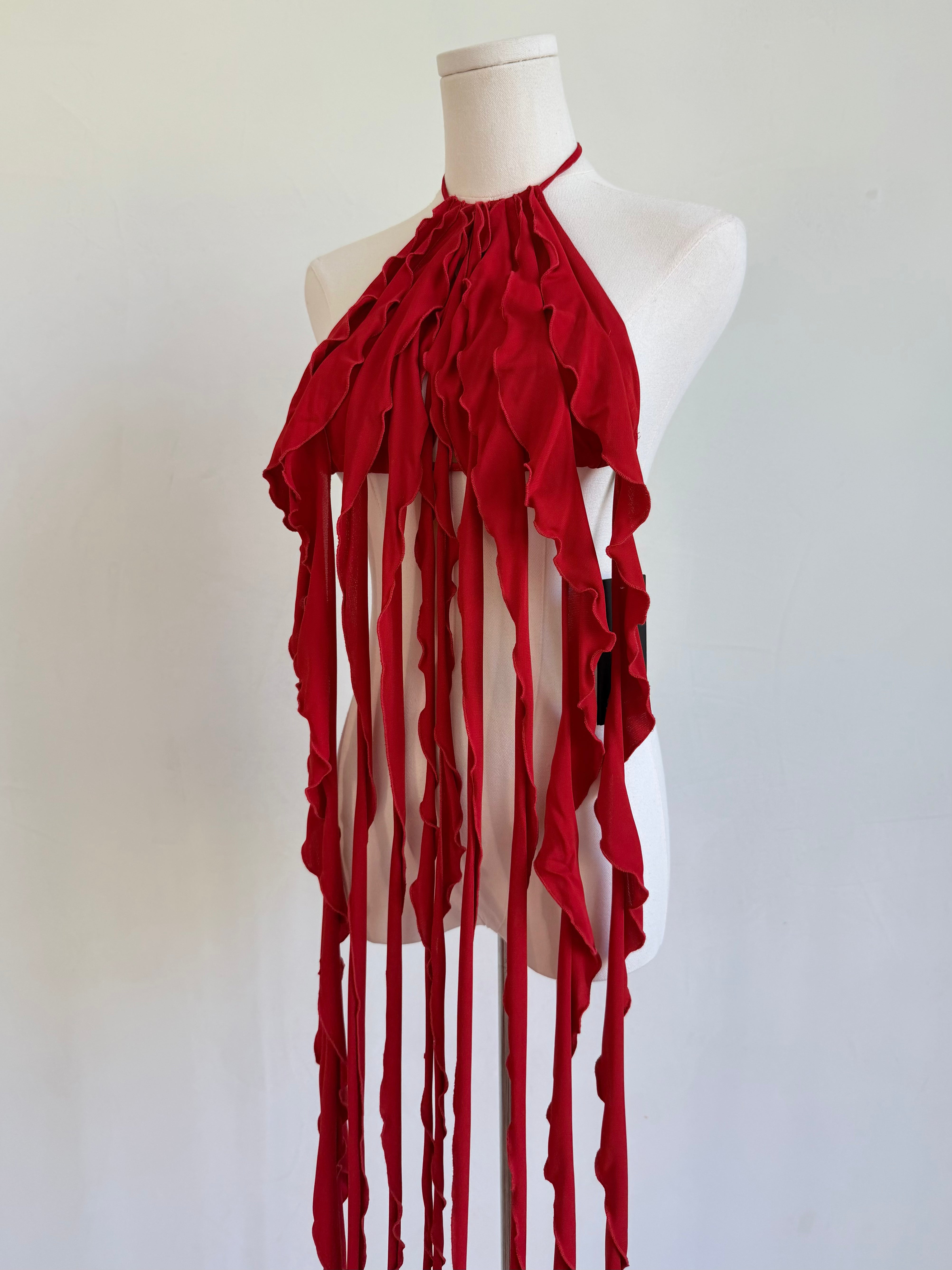 Red Draped Jersey Fringe Top