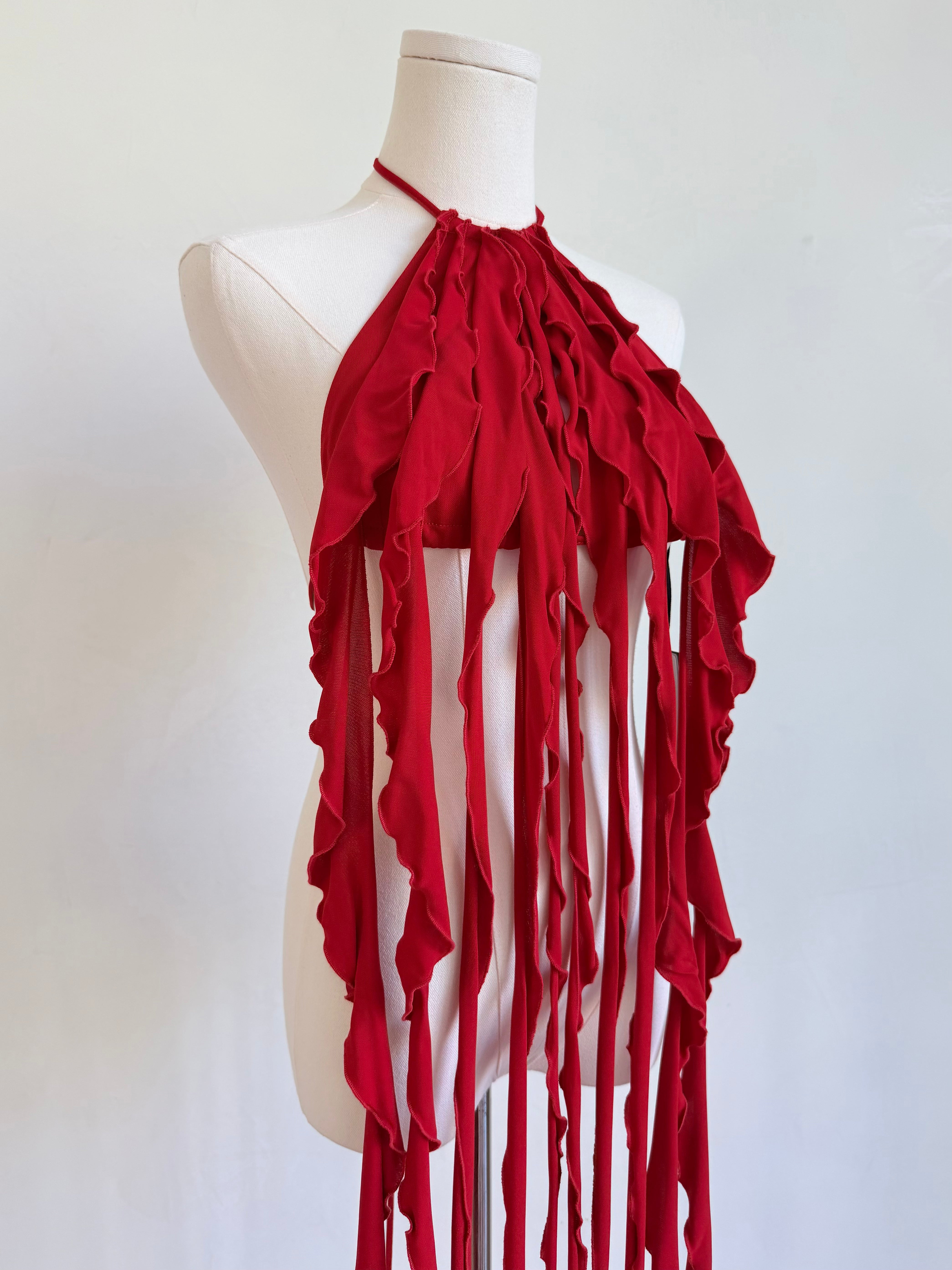 Red Draped Jersey Fringe Top
