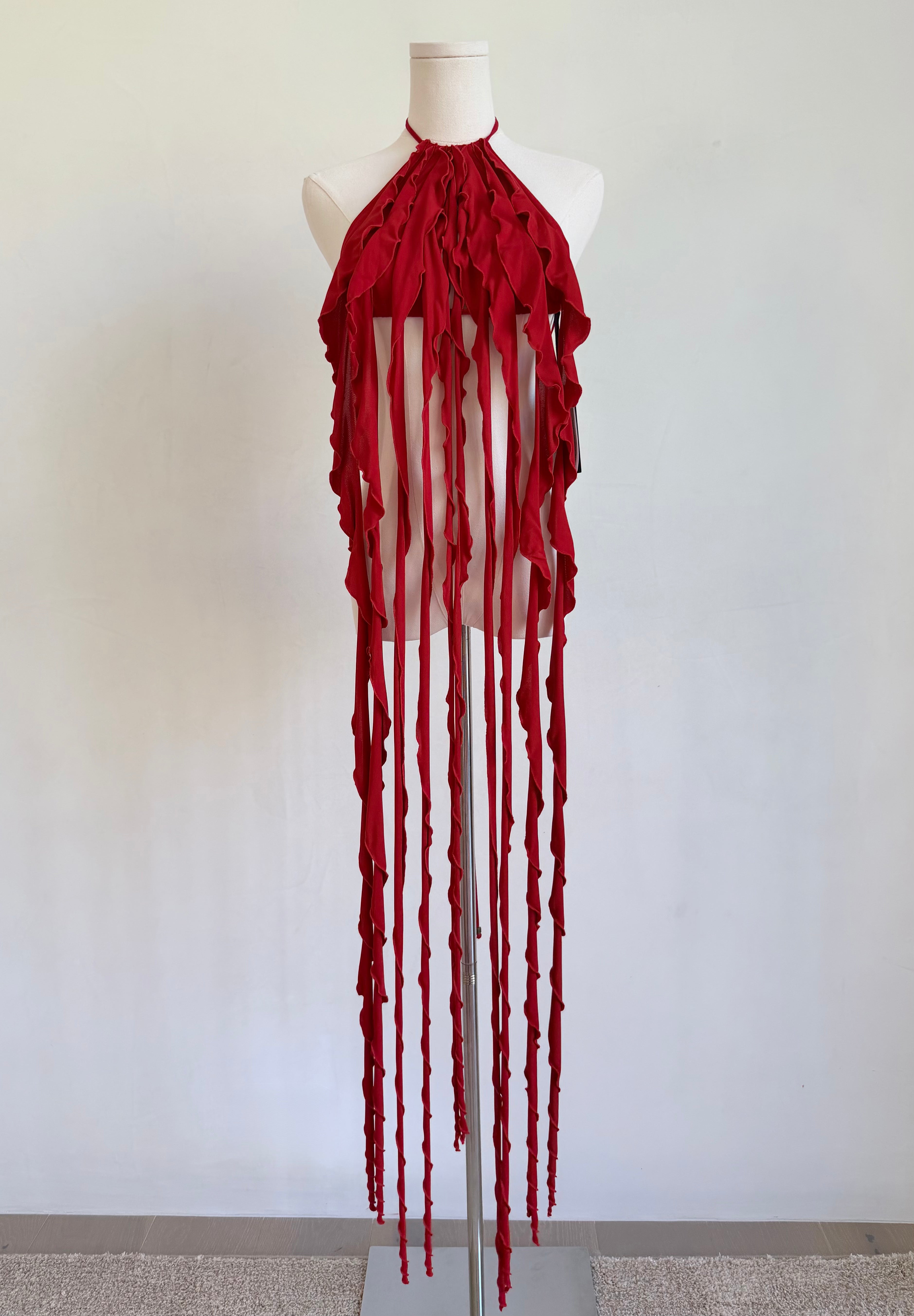 Red Draped Jersey Fringe Top