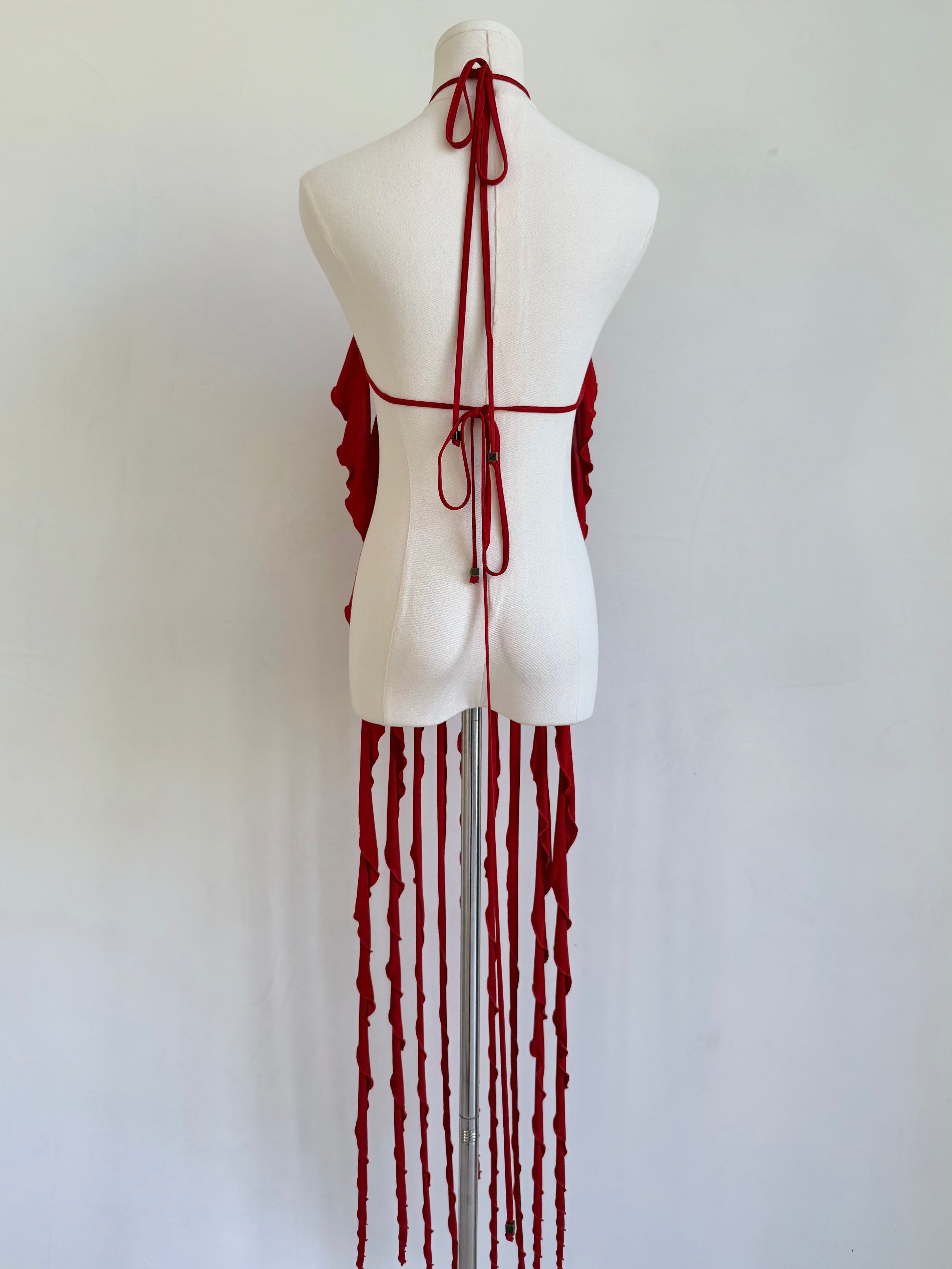 Red Draped Jersey Fringe Top