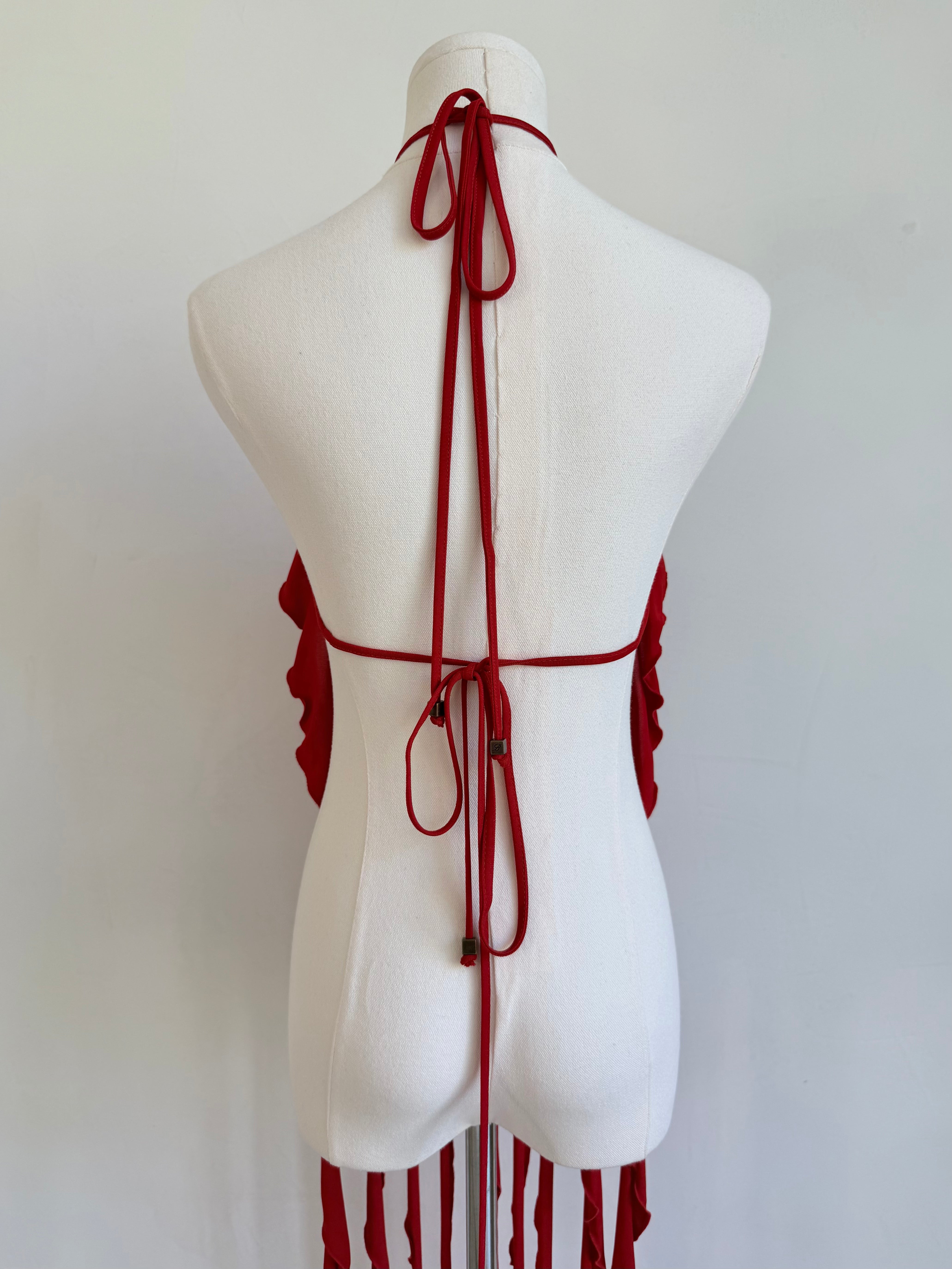 Red Draped Jersey Fringe Top
